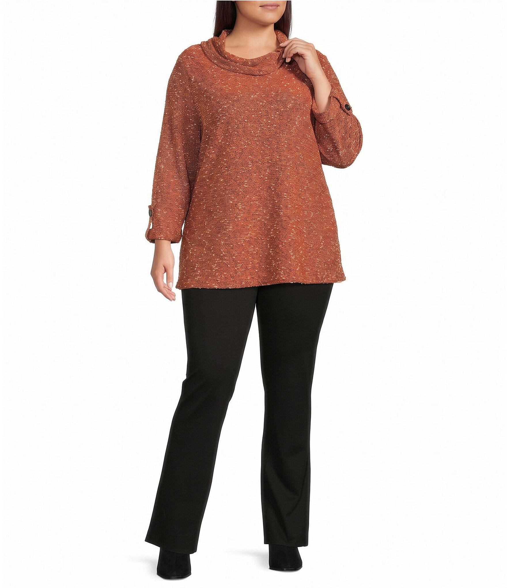 Calessa Plus Size Knit Cowl Neck 3/4 Roll-Tab Sleeve Tunic