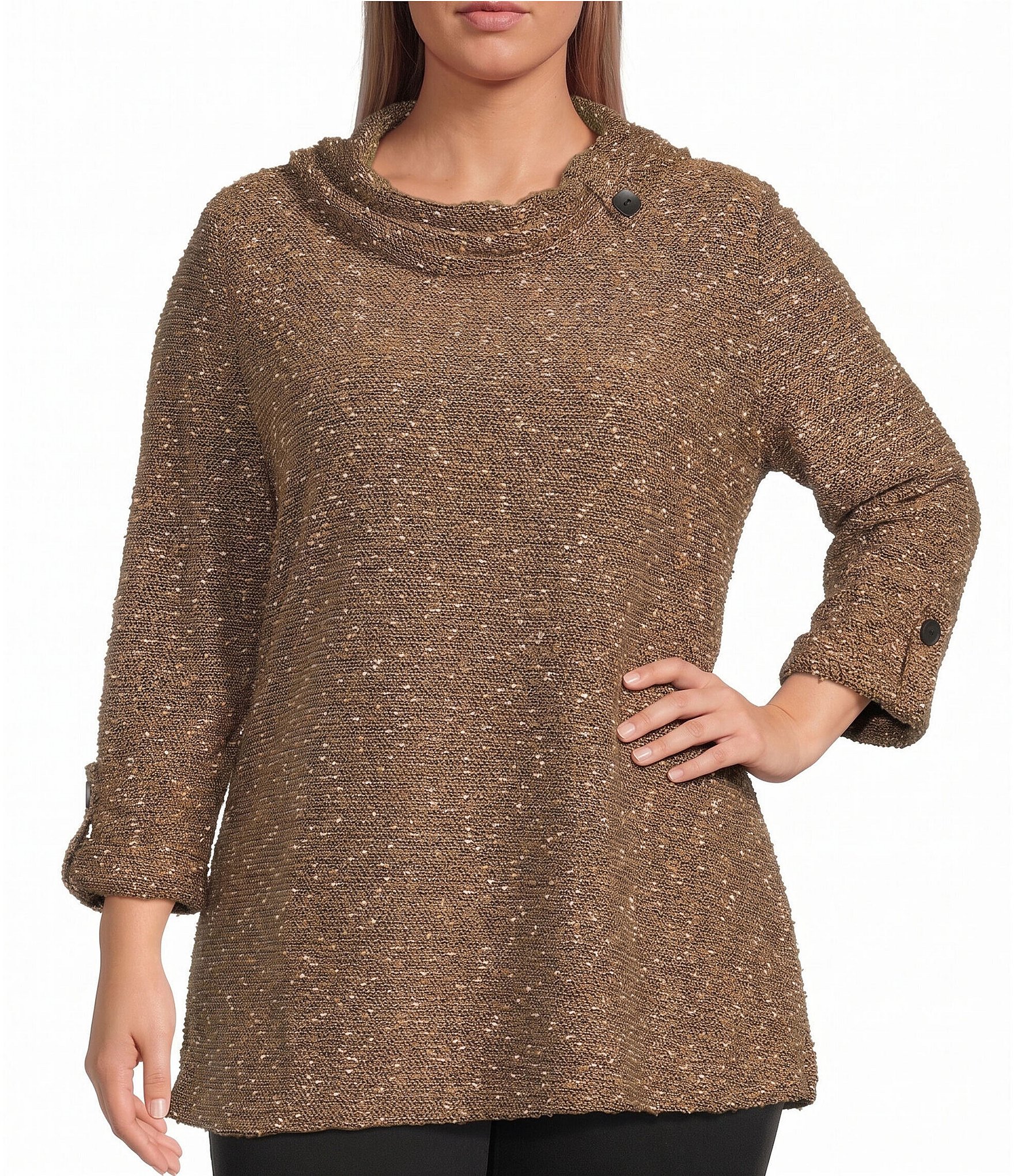 Calessa Plus Size Knit Cowl Neck Long Roll-Tab Sleeve Tunic