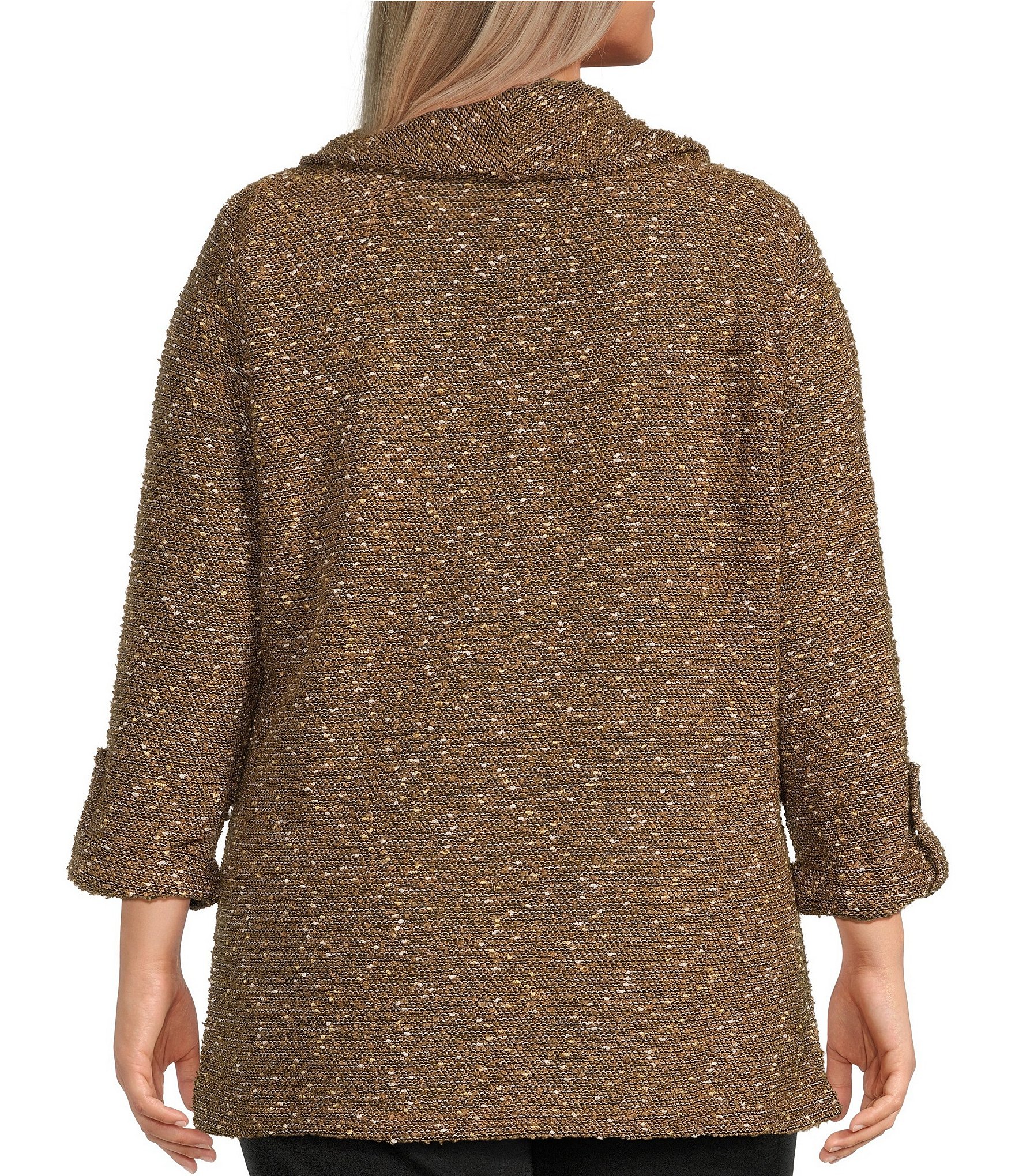 Calessa Plus Size Knit Cowl Neck Long Roll-Tab Sleeve Tunic