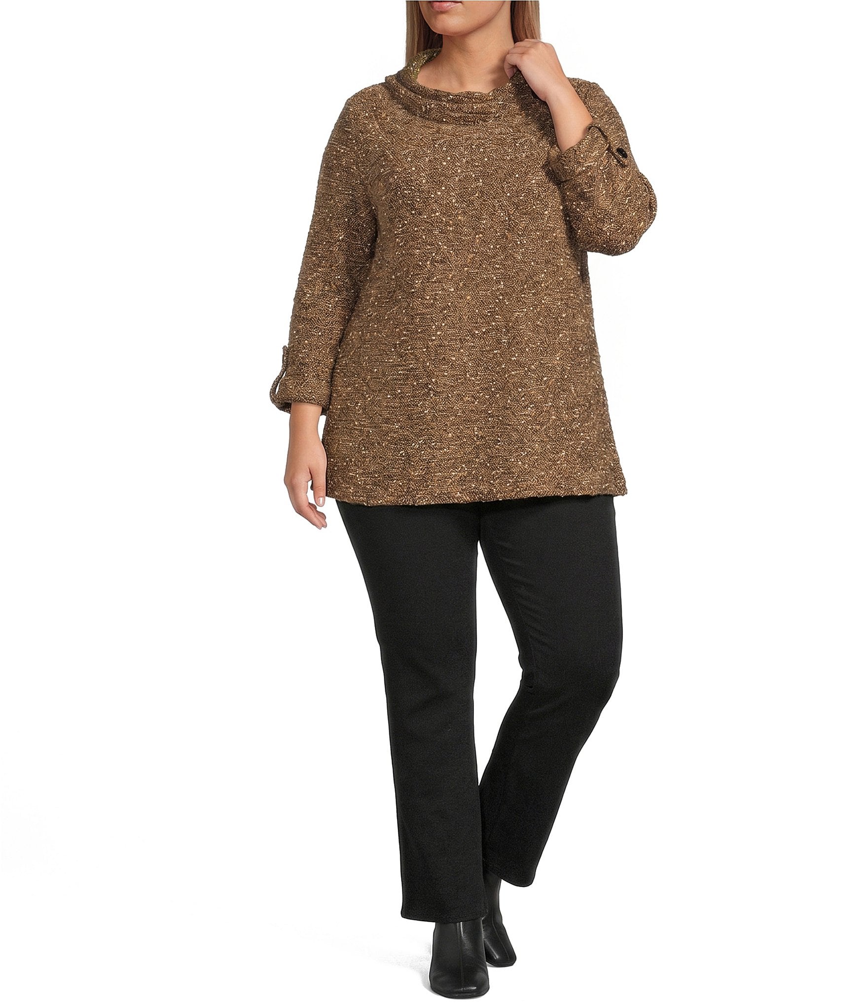 Calessa Plus Size Knit Cowl Neck Long Roll-Tab Sleeve Tunic