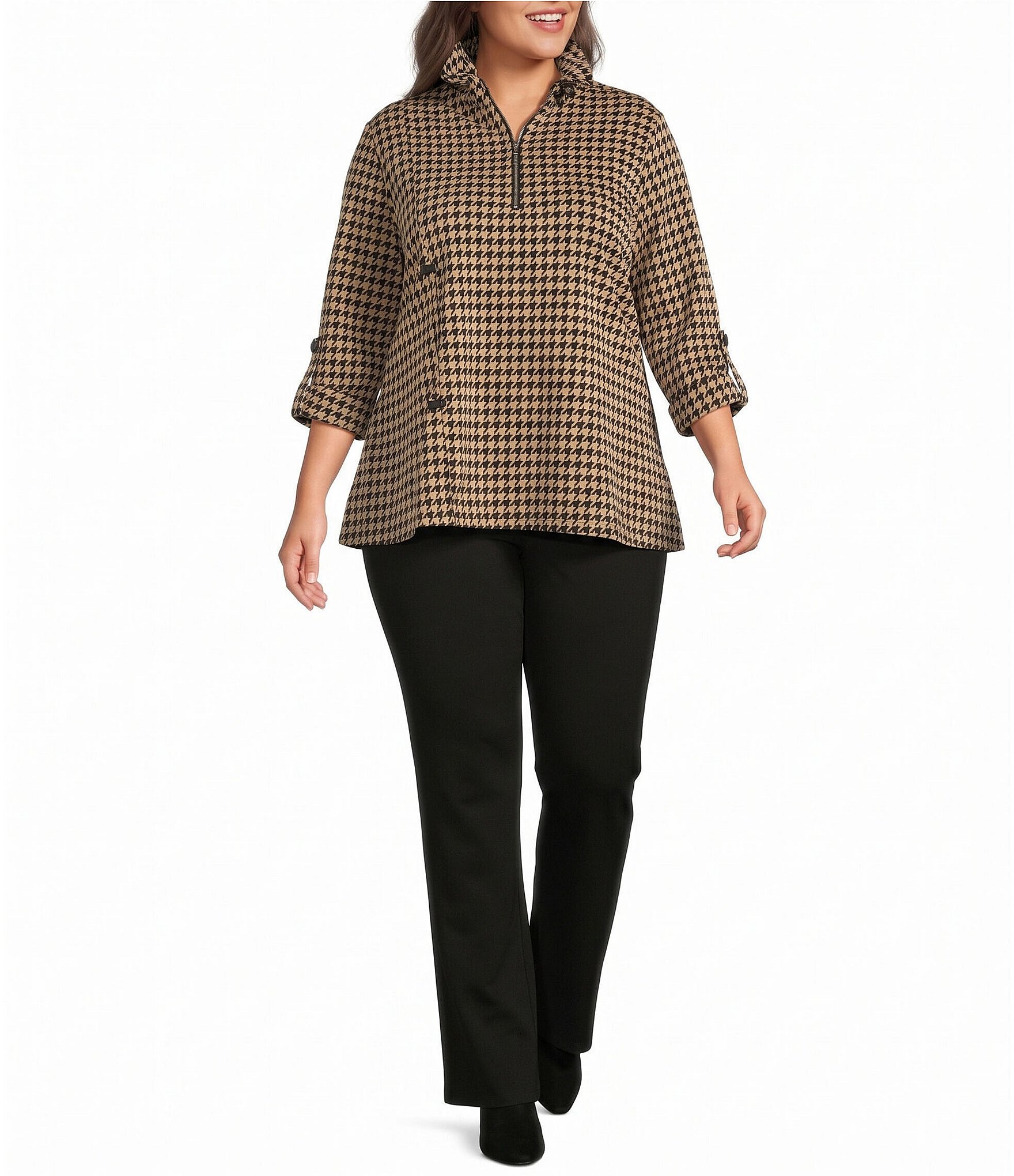 Calessa Plus Size Knit Houndstooth Quarter Zip Mock Neck 3/4 Roll-Tab Sleeve Top