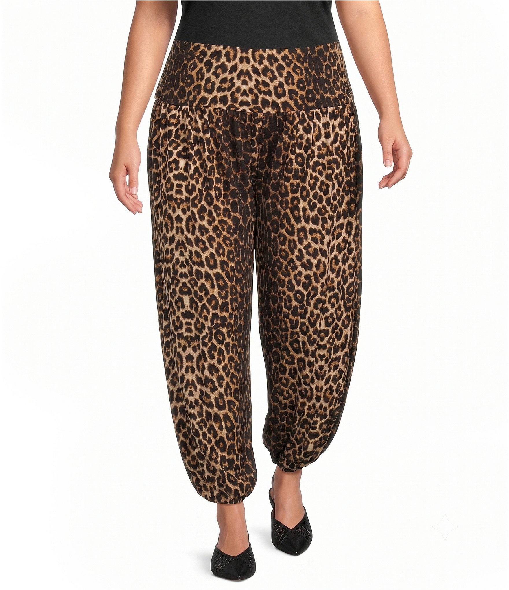 Calessa Plus Size Knit Jersey Leopard Print Coordinating Balloon Ankle Pants