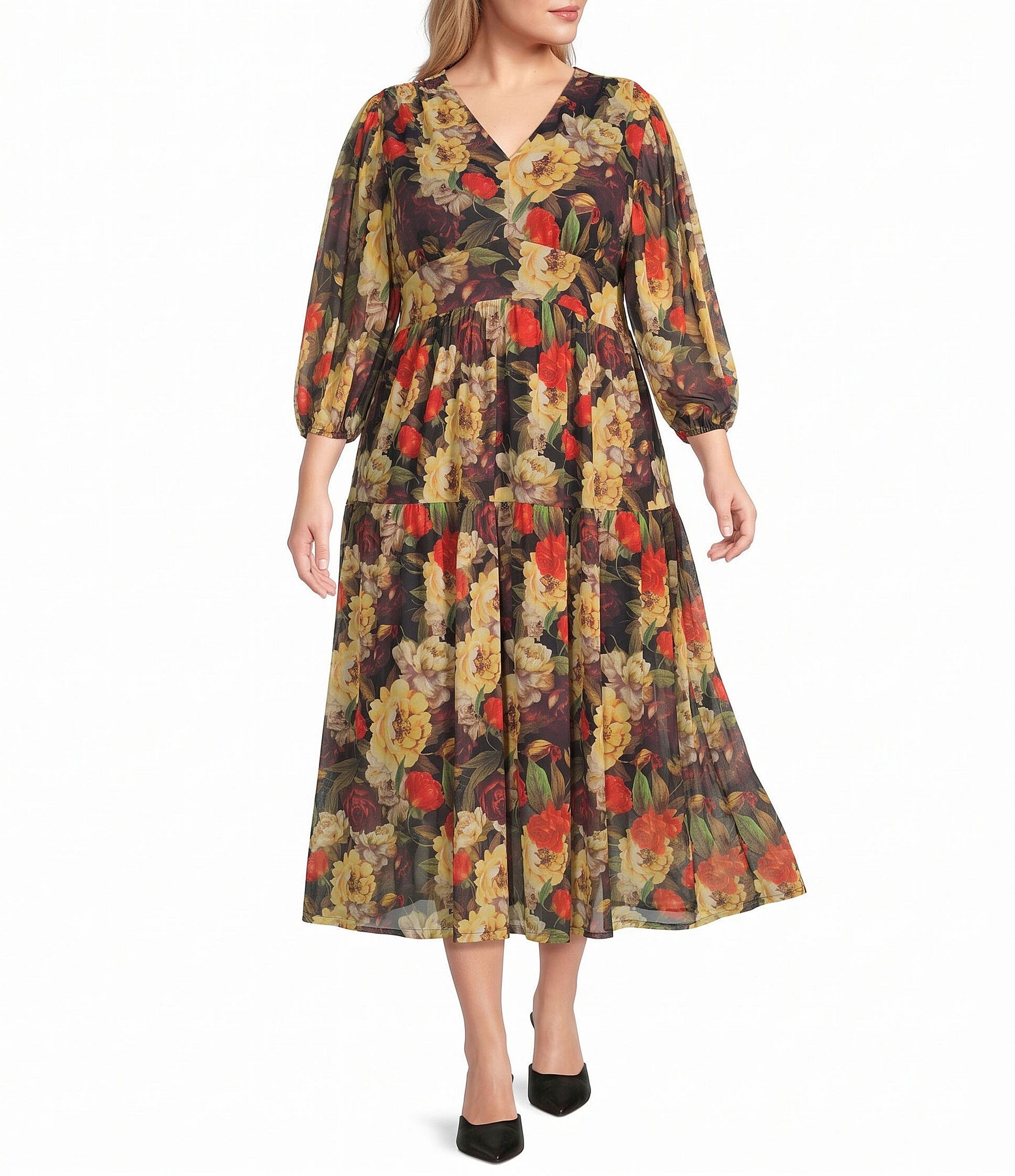 Calessa Plus Size Knit Mixed Floral Print V-Neck 3/4 Sleeve A-Line Midi Dress