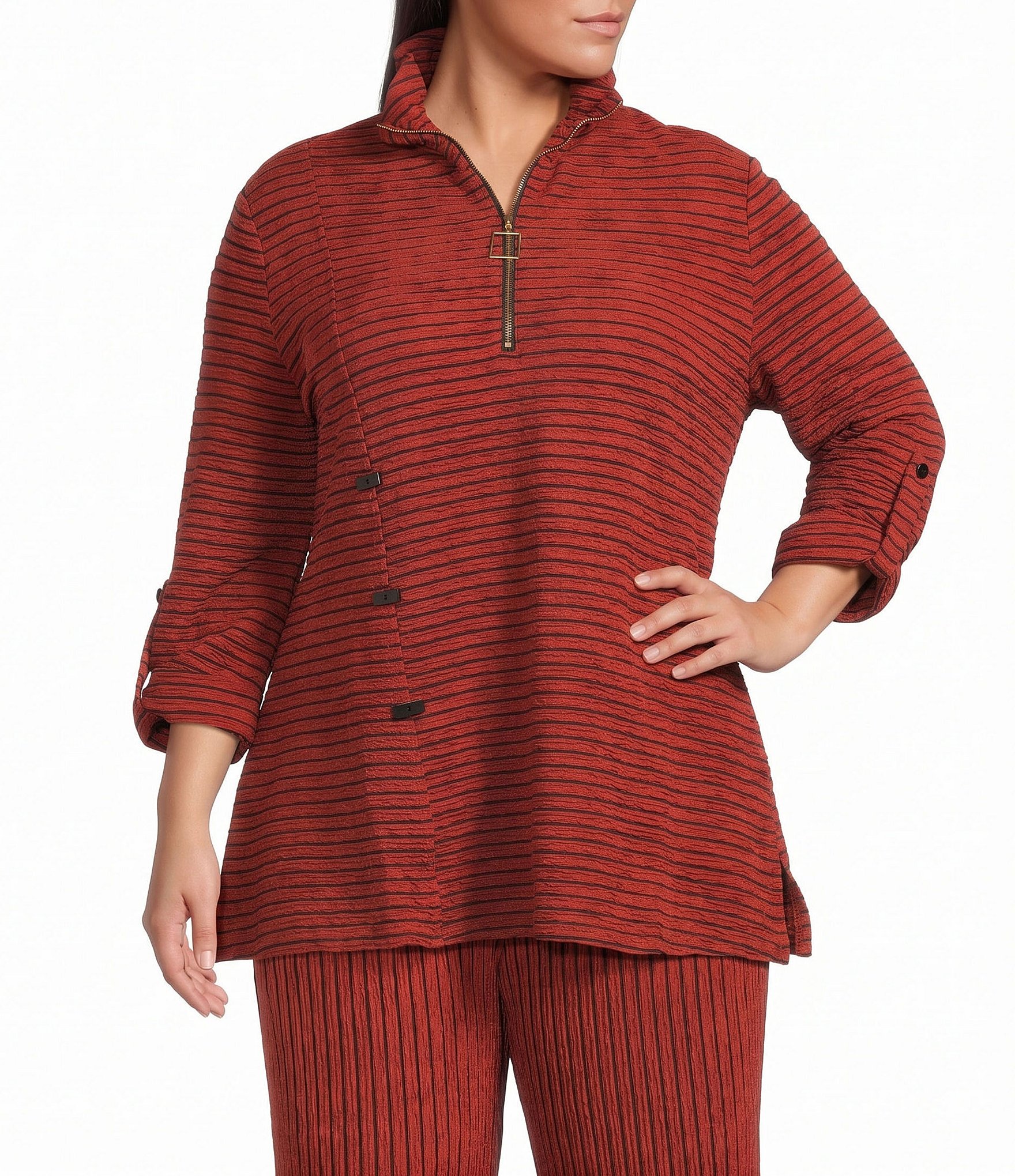 Calessa Plus Size Knit Stripe Quarter Zip Funnel Neck 3/4 Roll-Tab Sleeve Coordinating Tunic