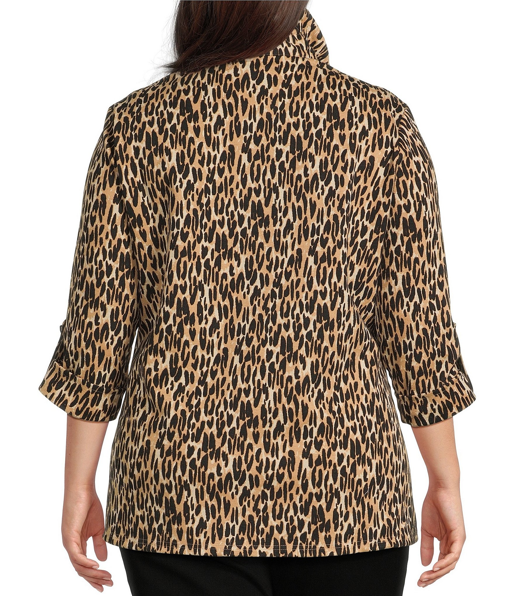 Calessa Plus Size Knit Textured Leopard Print Wire Collar Zip Front 3/4 Sleeve Tunic