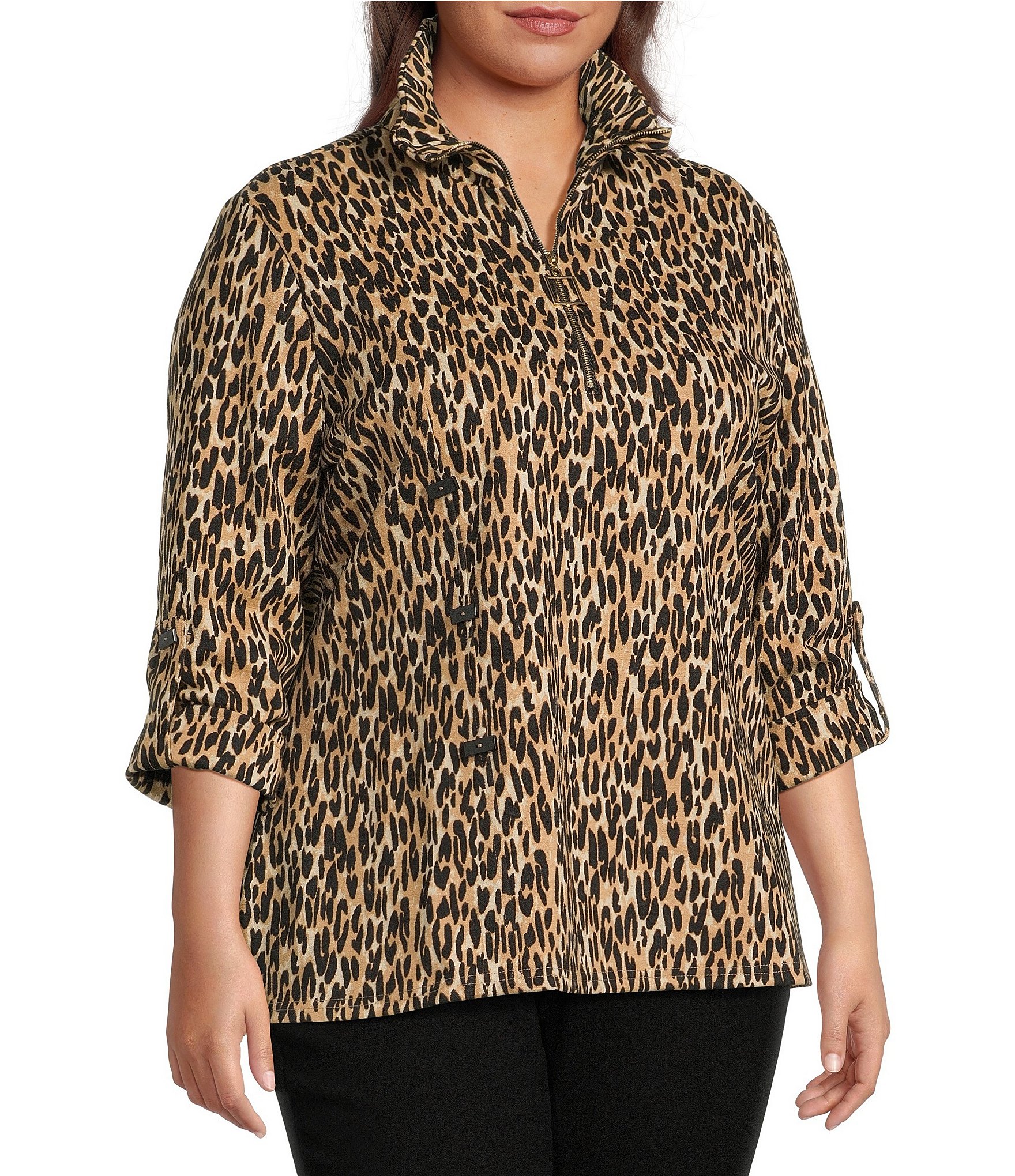 Calessa Plus Size Knit Textured Leopard Print Wire Collar Zip Front 3/4 Sleeve Tunic