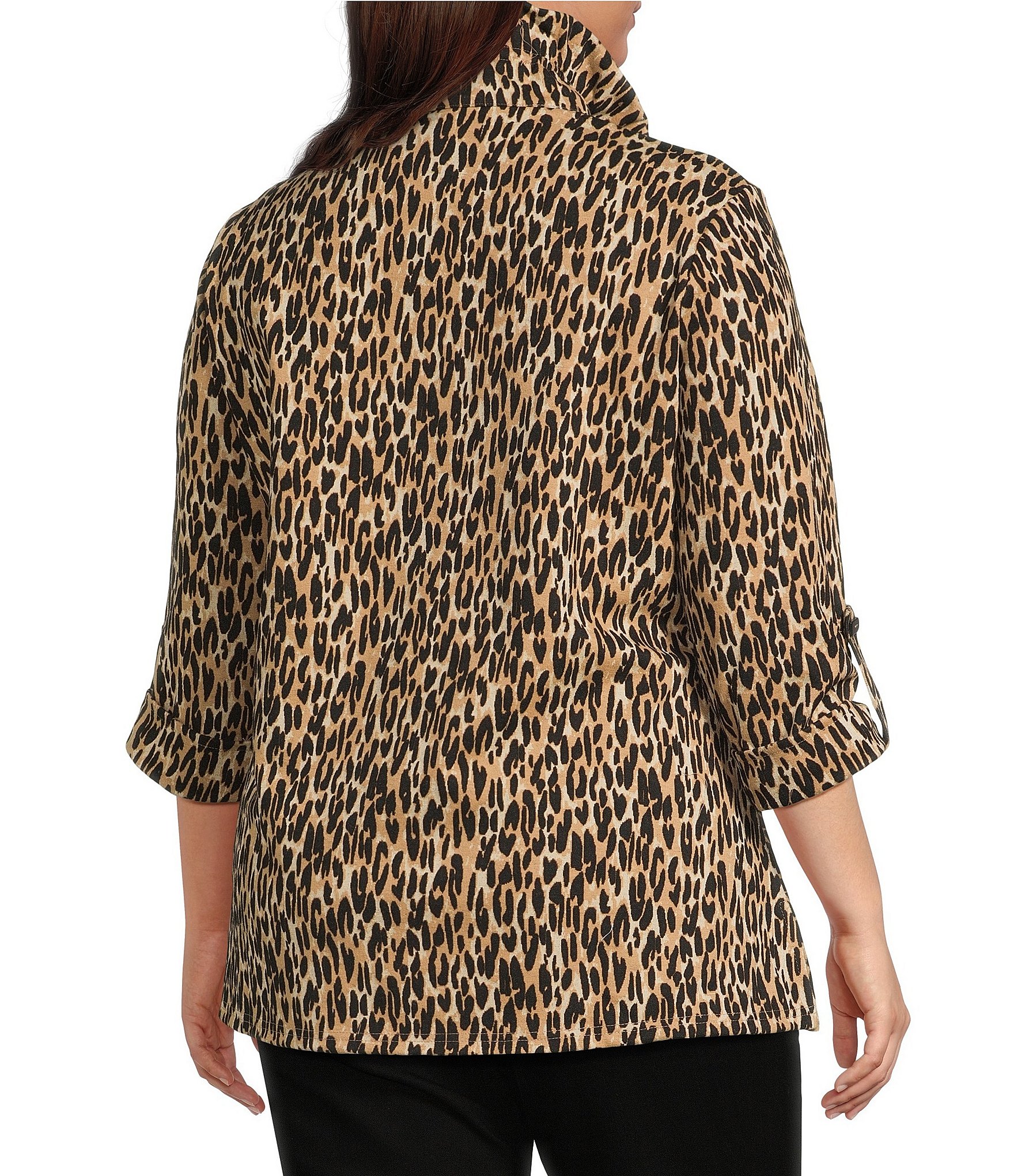 Calessa Plus Size Knit Textured Leopard Print Wire Collar Zip Front 3/4 Sleeve Tunic