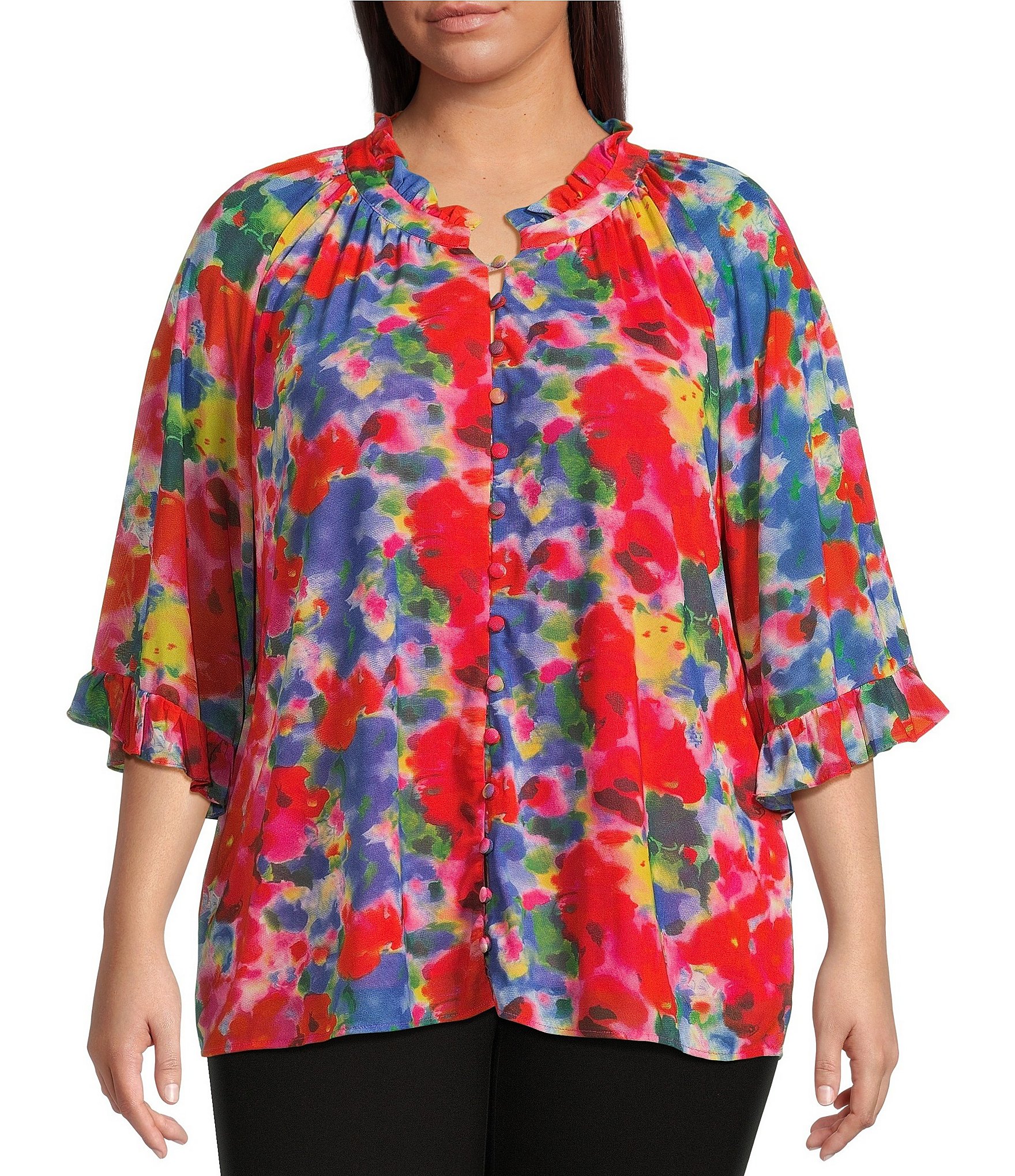 Calessa Plus Size Mesh Abstract Print Split V-Neck Long