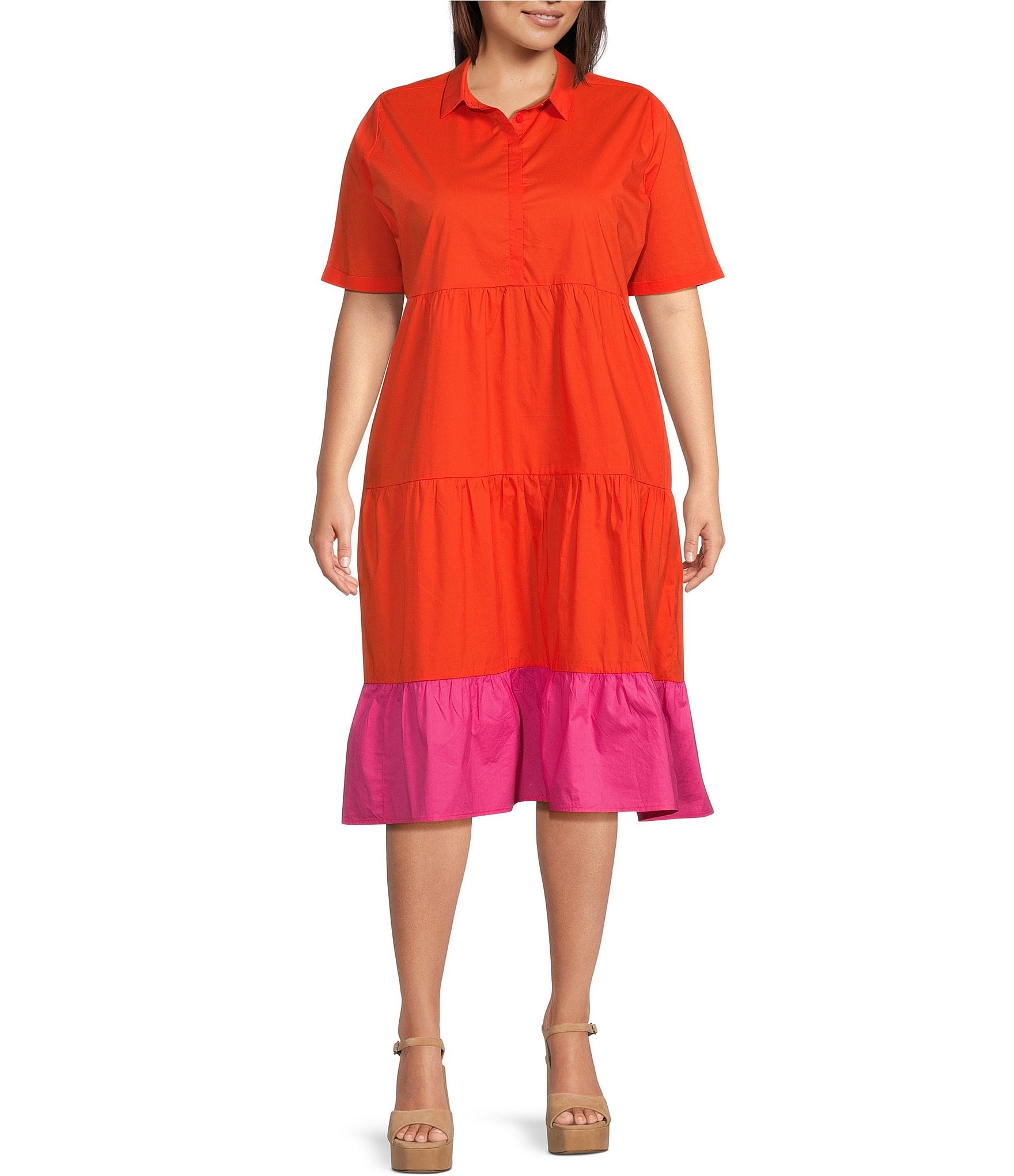Calessa Plus Size Point Collar Short Sleeve Tiered Color Block Dress ...