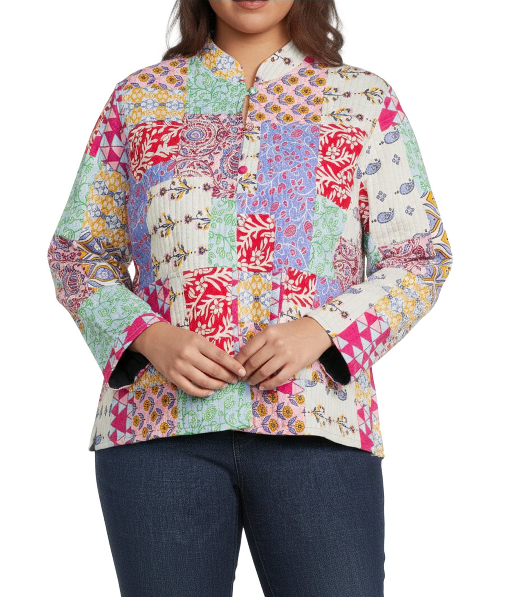 Calessa Plus Size Reversible Quilted Spring Patchwork Printed Band Collar Long Sleeve Shirt Jacket