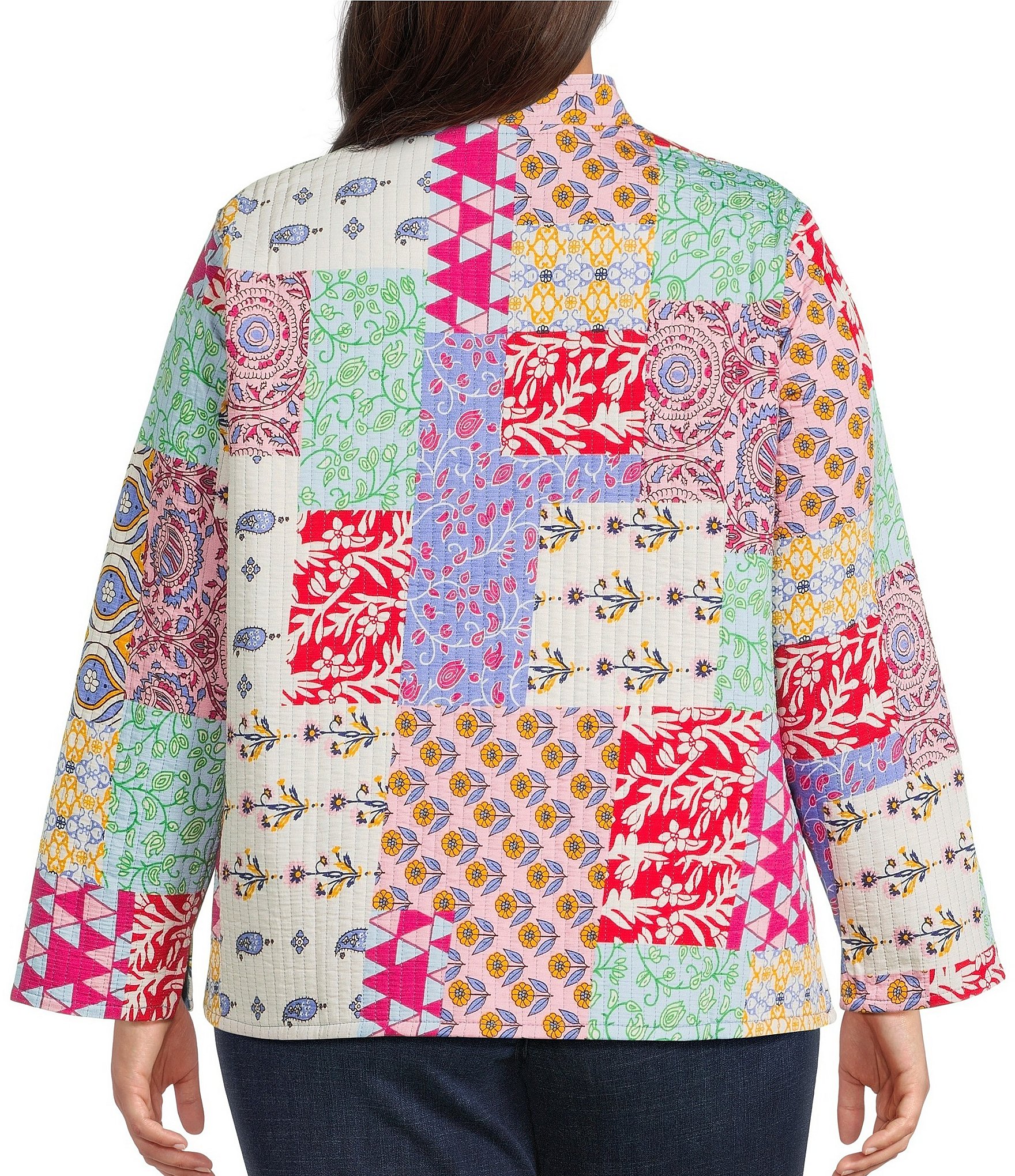 Calessa Plus Size Reversible Quilted Spring Patchwork Printed Band Collar Long Sleeve Shirt Jacket