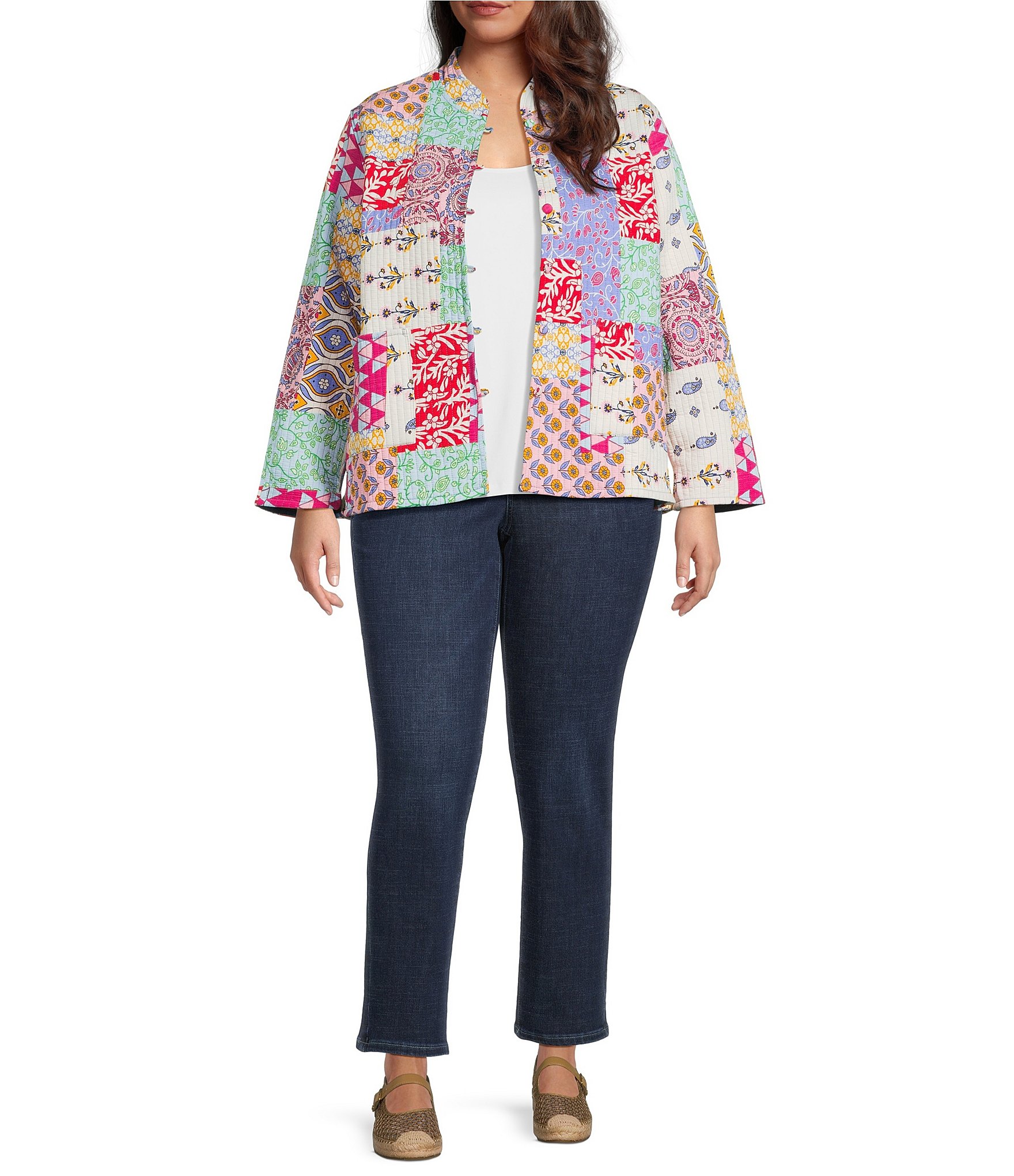 Calessa Plus Size Reversible Quilted Spring Patchwork Printed Band Collar Long Sleeve Shirt Jacket