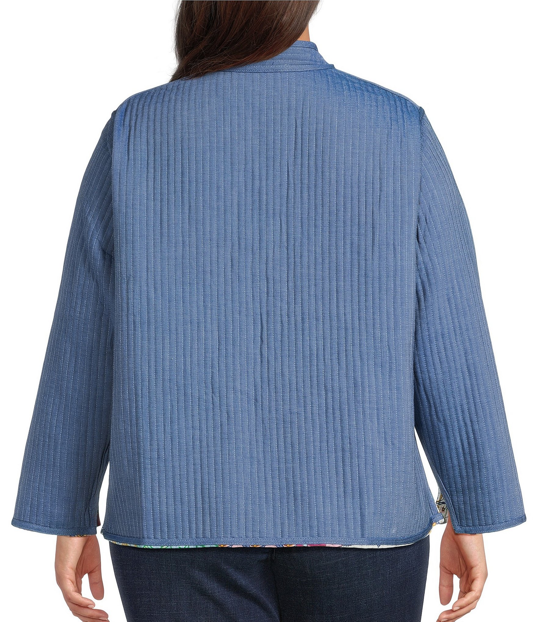 Calessa Plus Size Reversible Quilted Spring Patchwork Printed Band Collar Long Sleeve Shirt Jacket