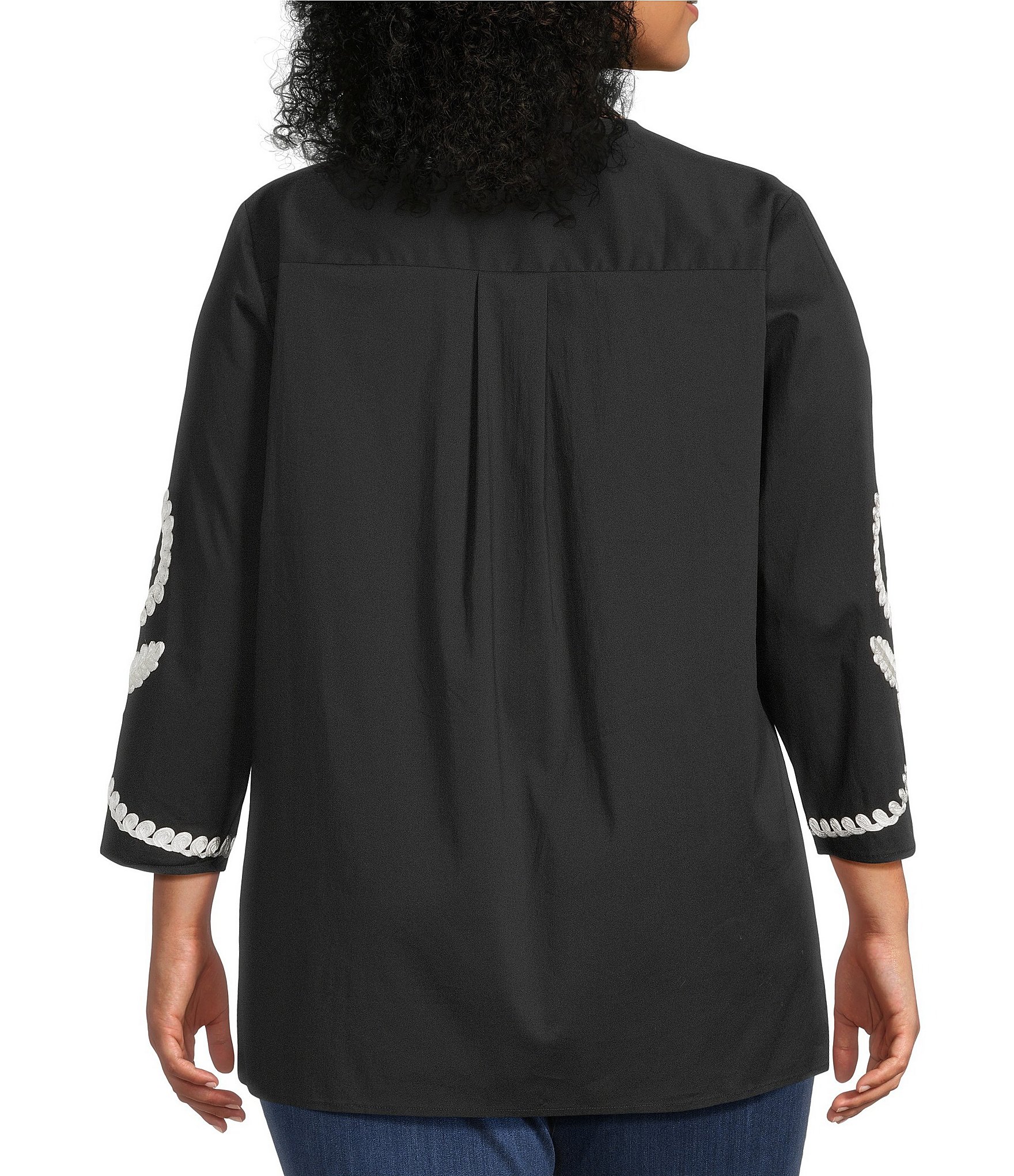 Calessa Plus Size Soutache Embroidered Split V-Neck 3/4 Sleeve Tunic
