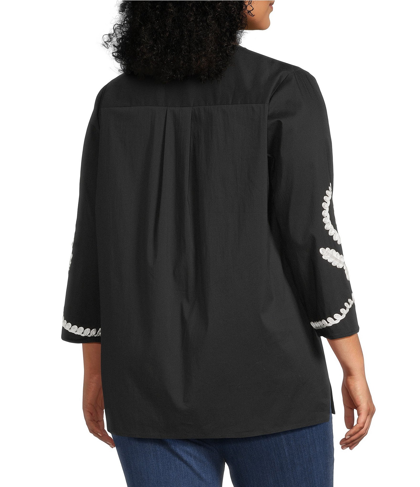 Calessa Plus Size Soutache Embroidered Split V-Neck 3/4 Sleeve Tunic