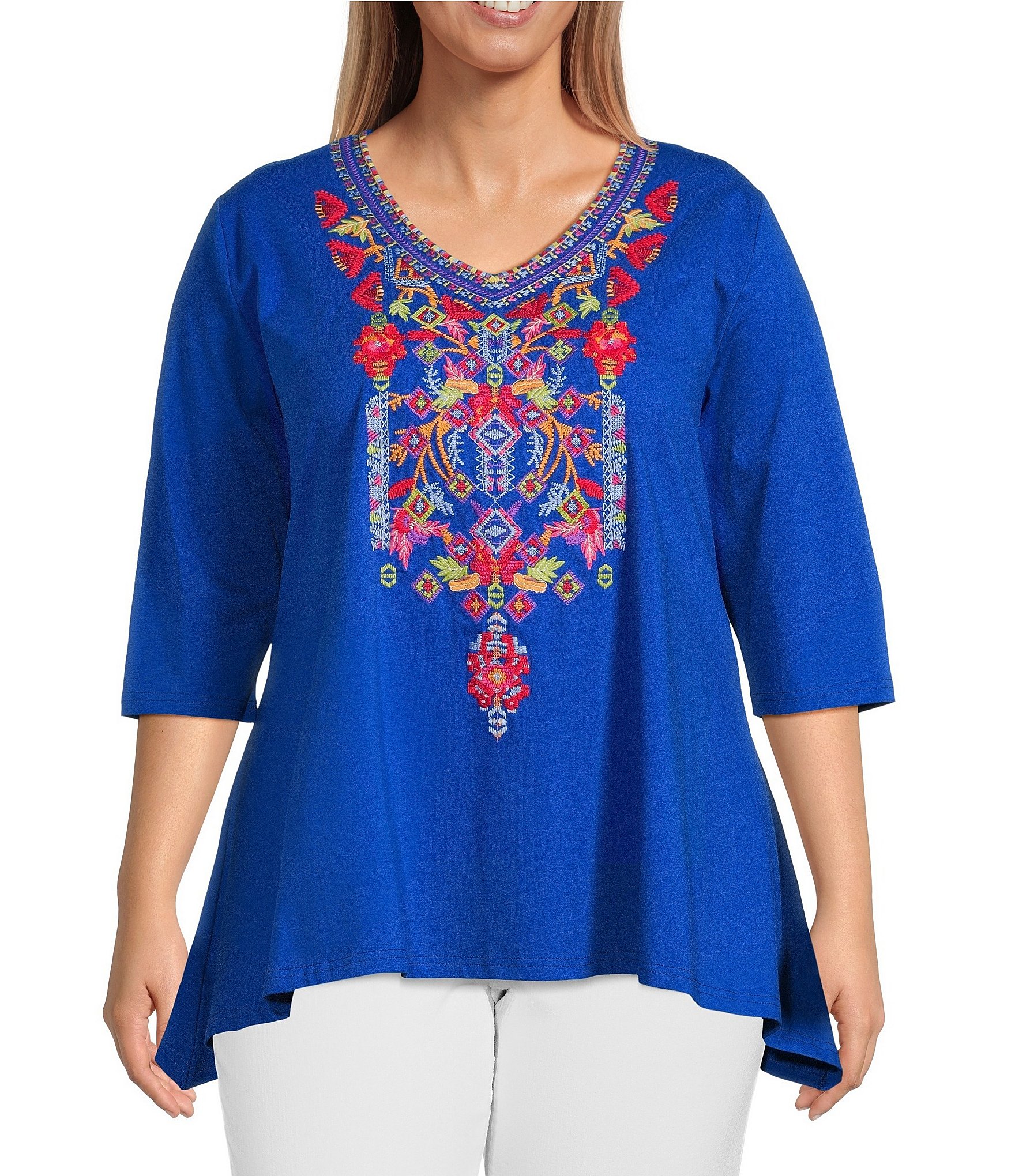 Calessa Plus Size Stretch Woven Embroidered V Neck 3 4 Sleeve A Line