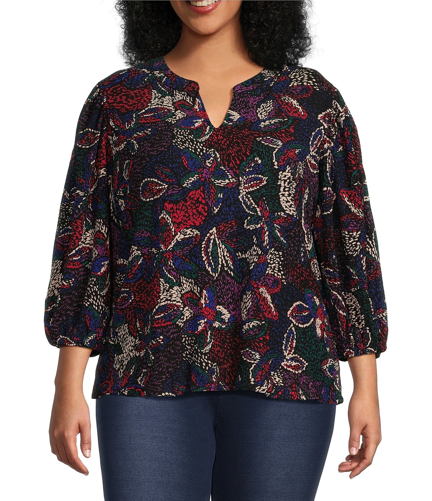 Calessa Plus Size Textured Abstract Print Crew Neck 3/4 Sleeve Top