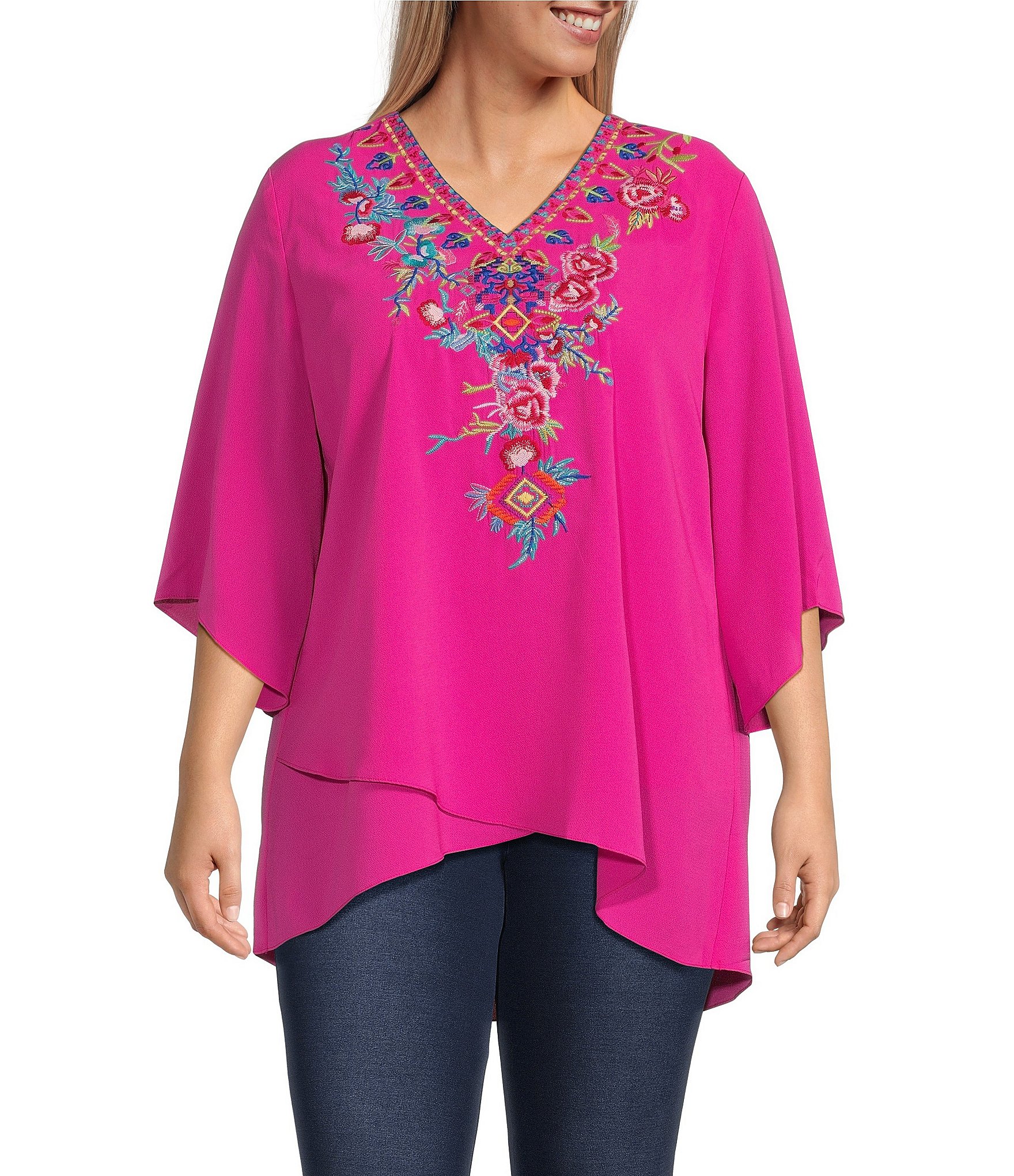 Calessa Plus Size Textured Crepe V Neck 34 Sleeves Comfort Fit Cross Over Hemline Blouse 7969