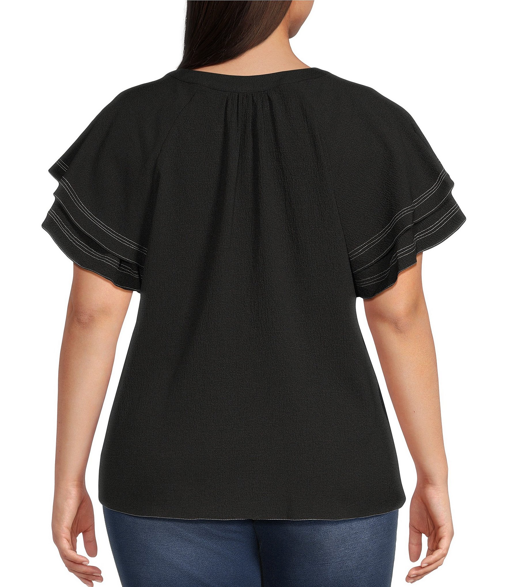 Calessa Plus Size Textured Crepe V-Neck Ruffle Short Sleeve Button Front Top
