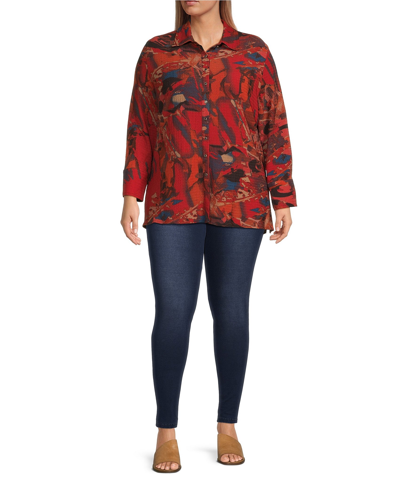 Calessa Plus Size Textured Crinkle Abstract Print Point Collar Long Sleeve Button Front Blouse