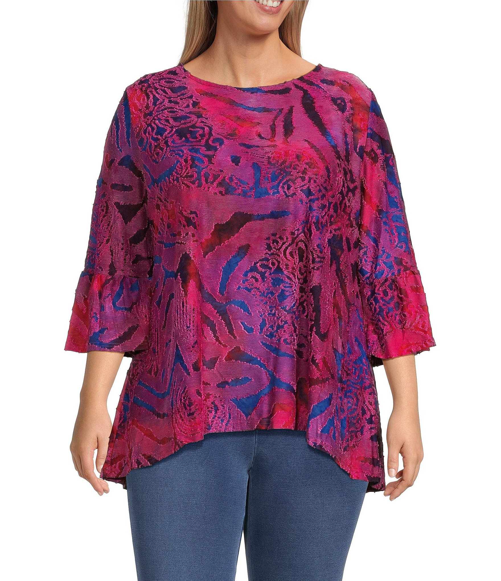 Calessa Plus Size Textured Knit Burnout Tie Dye 3/4 Bell Sleeve Blouse ...