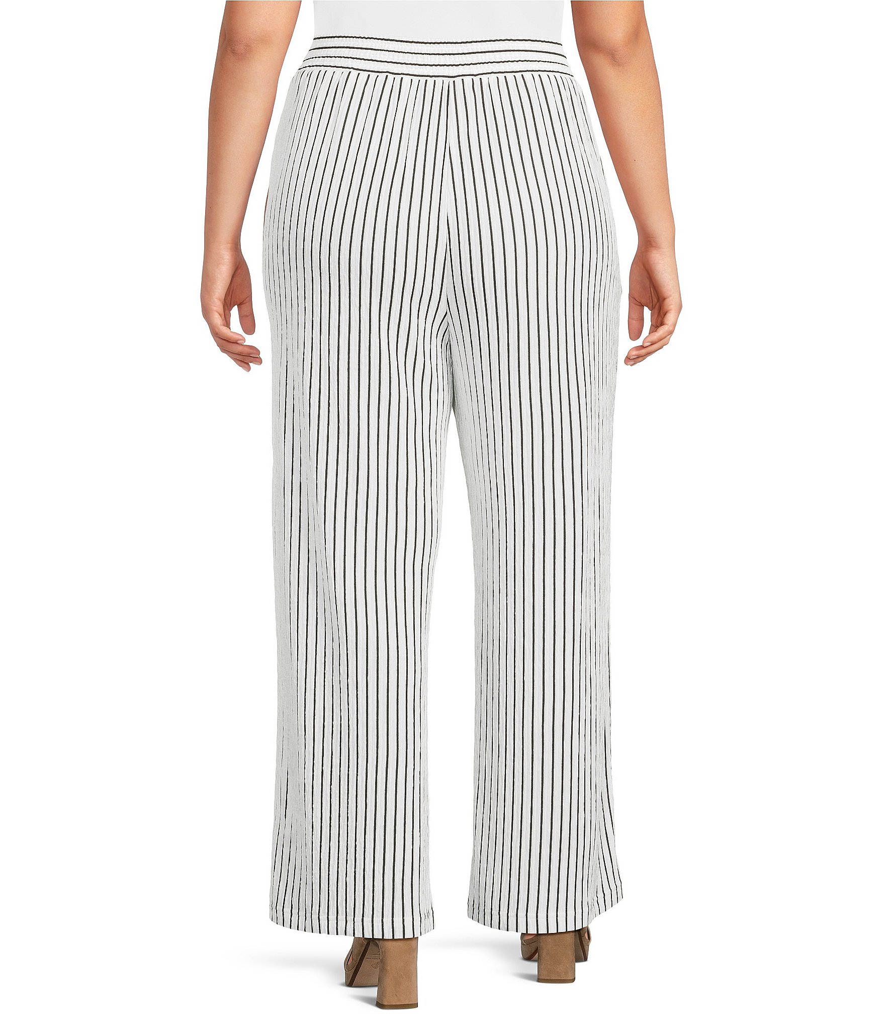 Calessa Plus Size Textured Knit Stripe Wide Leg Pull-On Ankle Pants