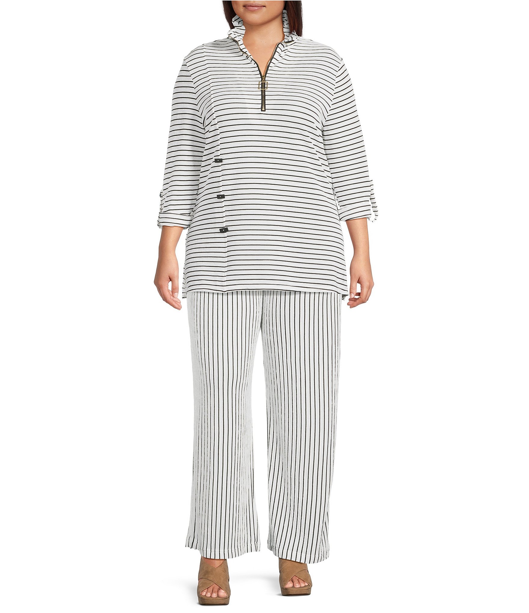 Calessa Plus Size Textured Knit Stripe Wide Leg Pull-On Ankle Pants