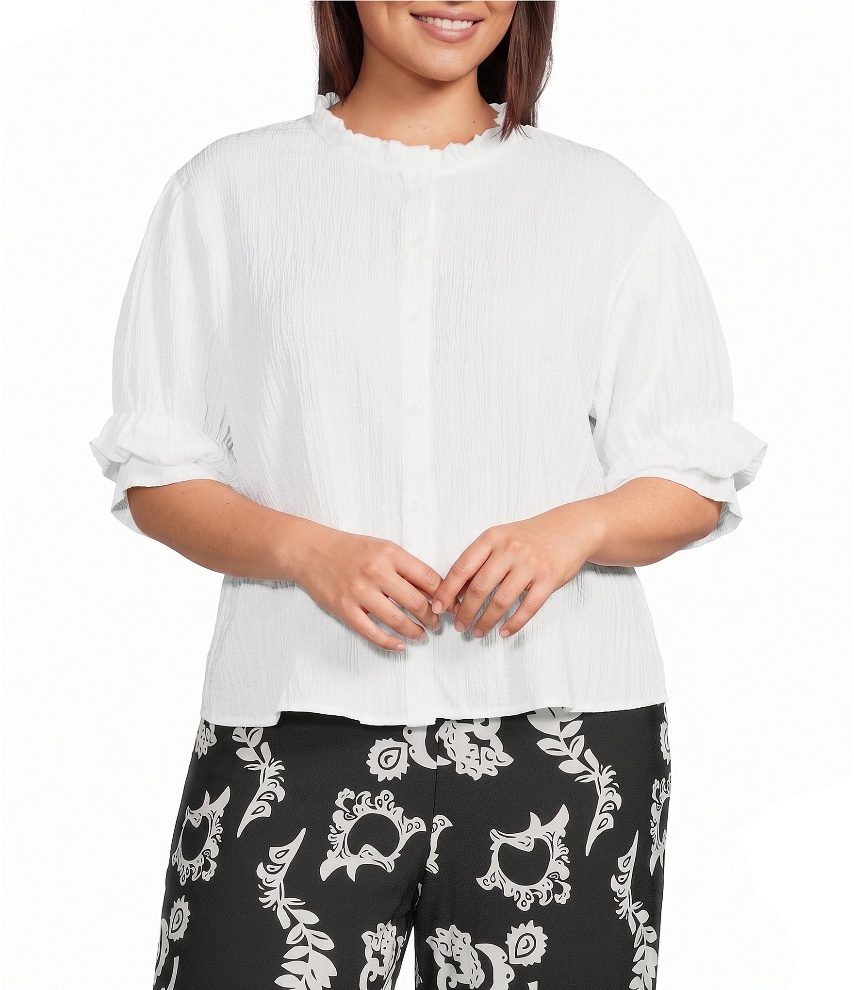 Calessa Plus Size Textured Split Tie Neck Elbow Length Sleeve Button Front Tunic
