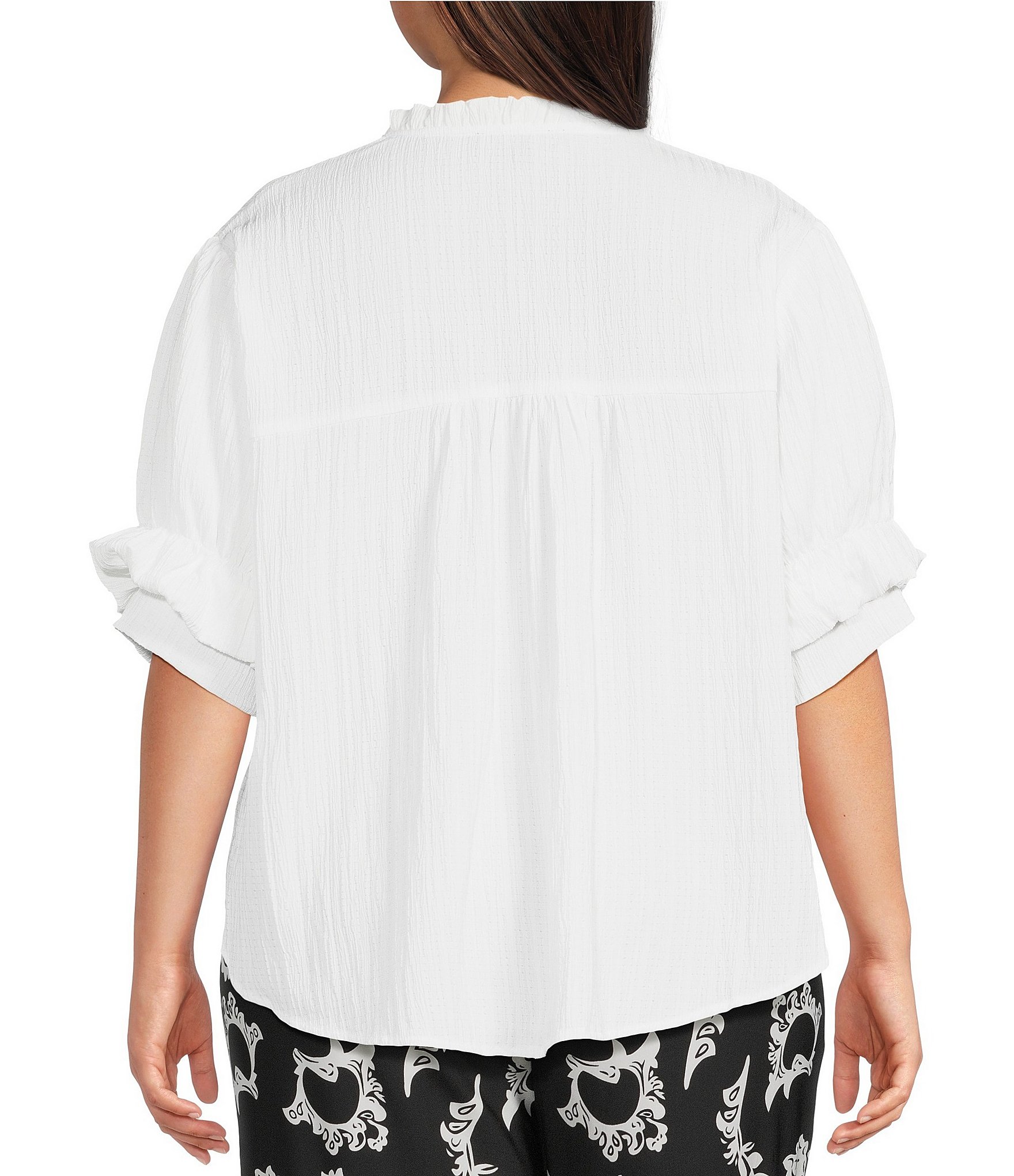 Calessa Plus Size Textured Split Tie Neck Elbow Length Sleeve Button Front Tunic