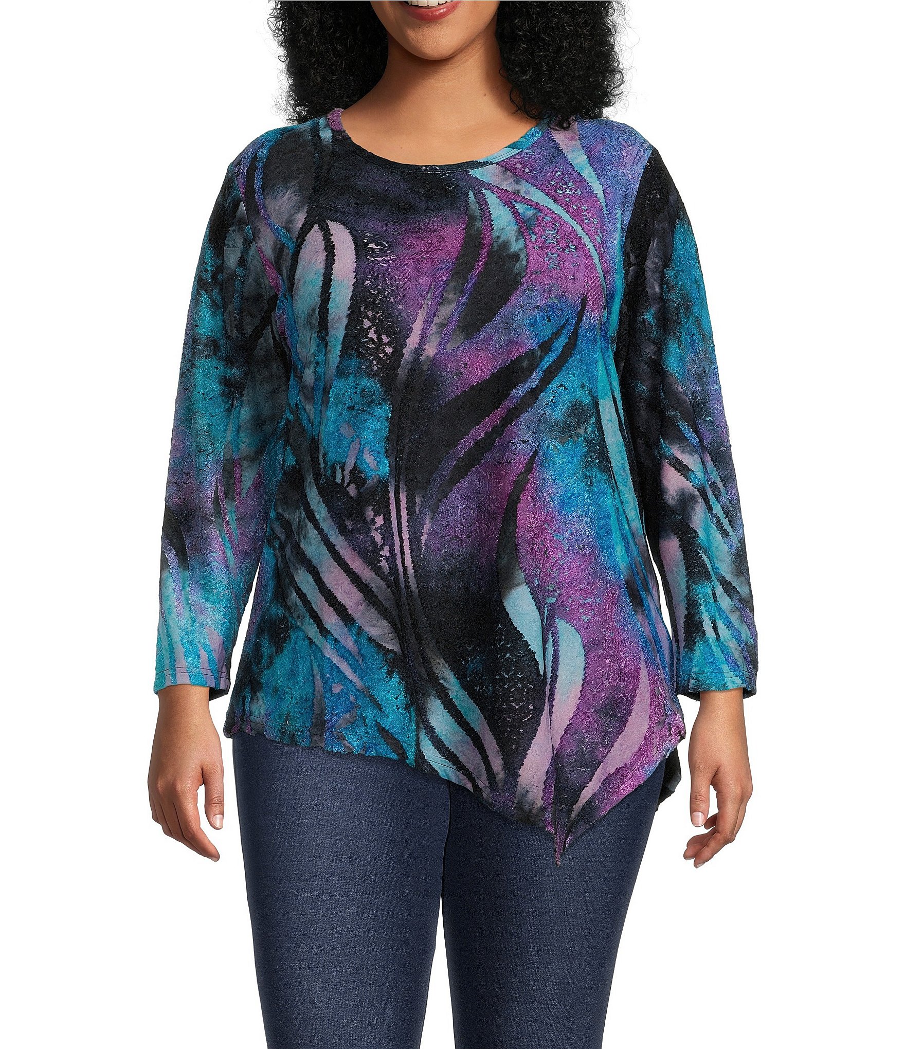 Calessa Plus Size Tie Dye Print 34 Sleeve Asymmetric Hem Tunic Dillards 6061