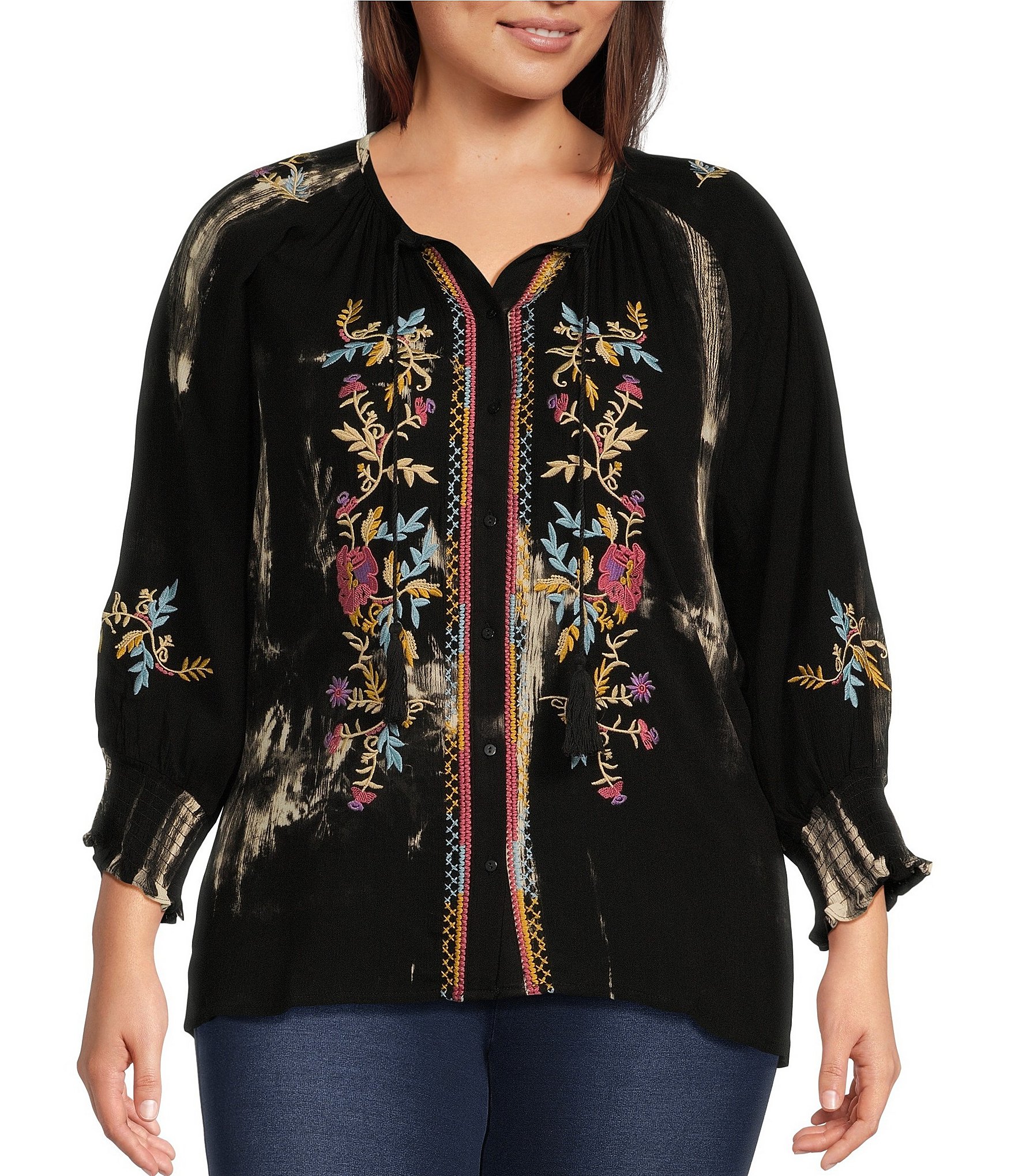 Calessa Plus Size Tie Dye Embroidered V Neckline Top 