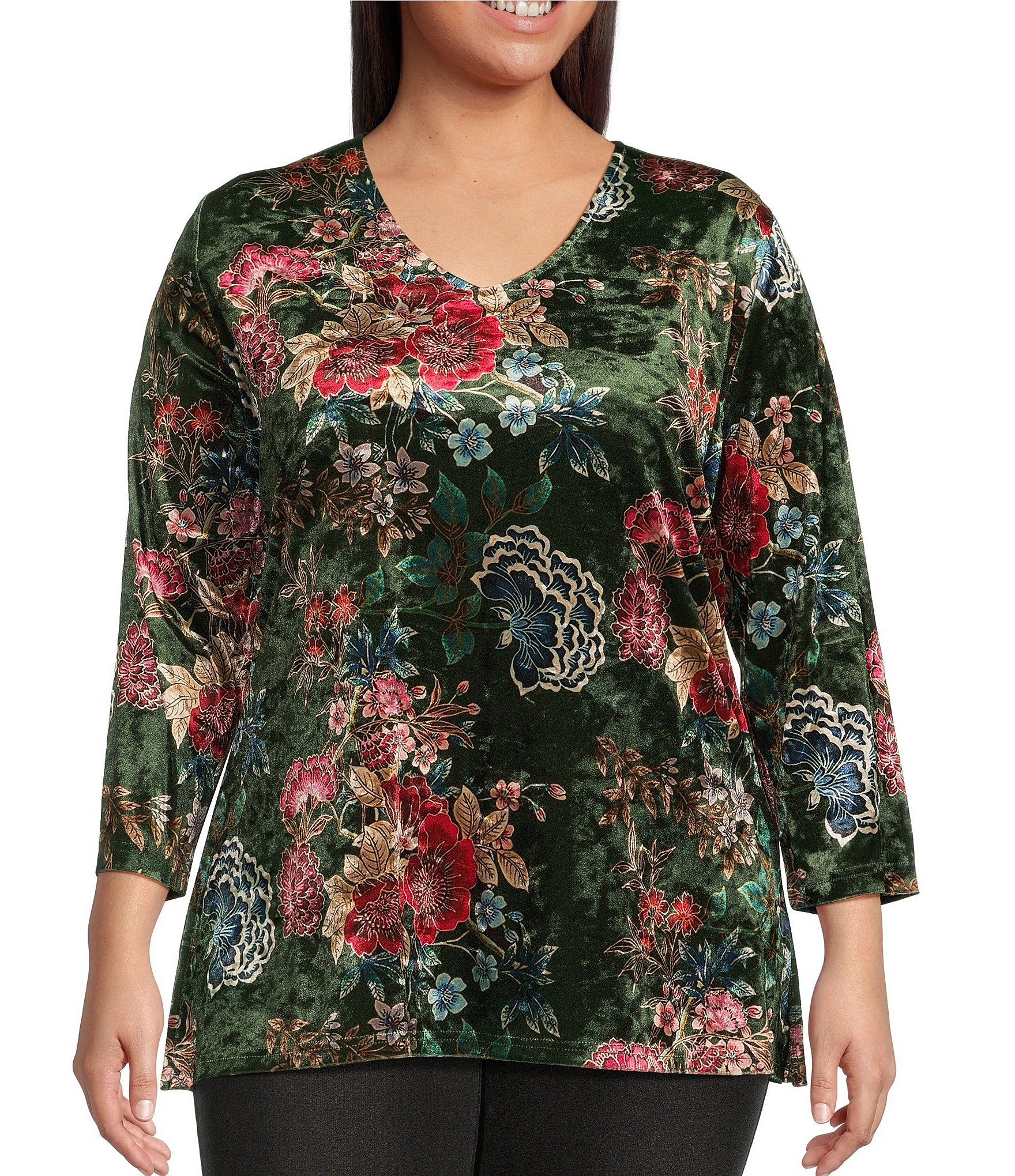 Calessa Plus Size Velvet Knit Floral Print V Neck 34 Sleeve Tunic Dillards 4080