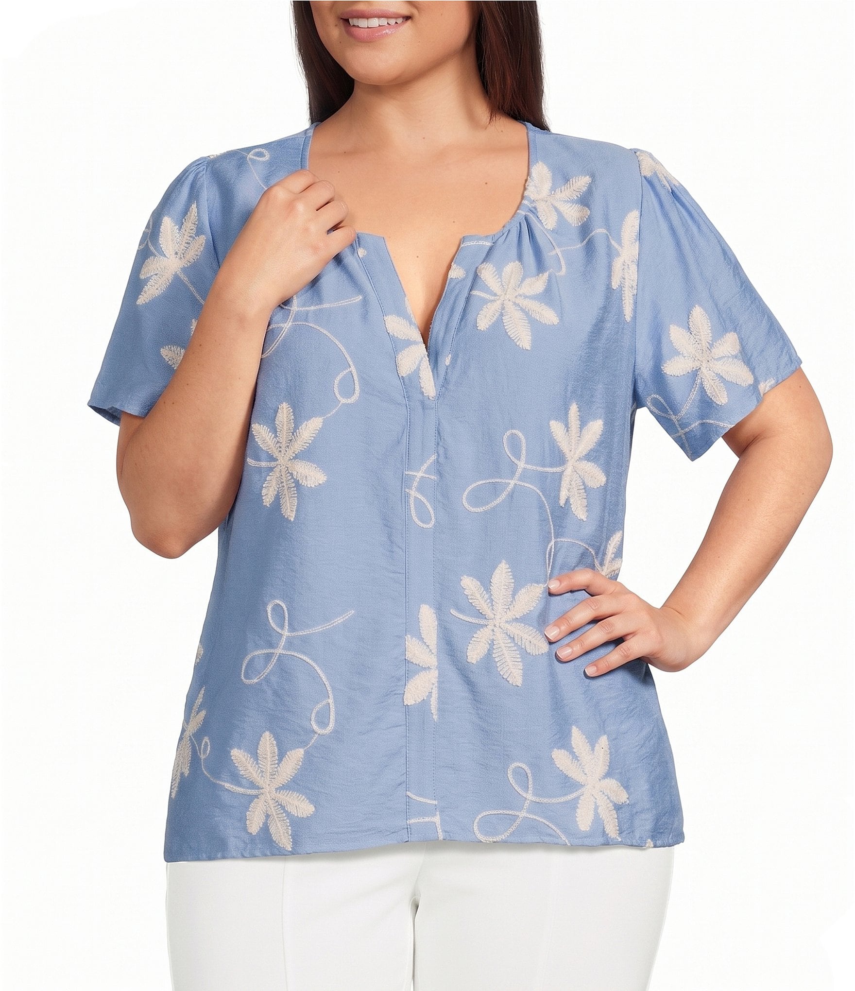 Calessa Plus Size Woven All Over Embroidered Split V-Neck Short Sleeve Tunic