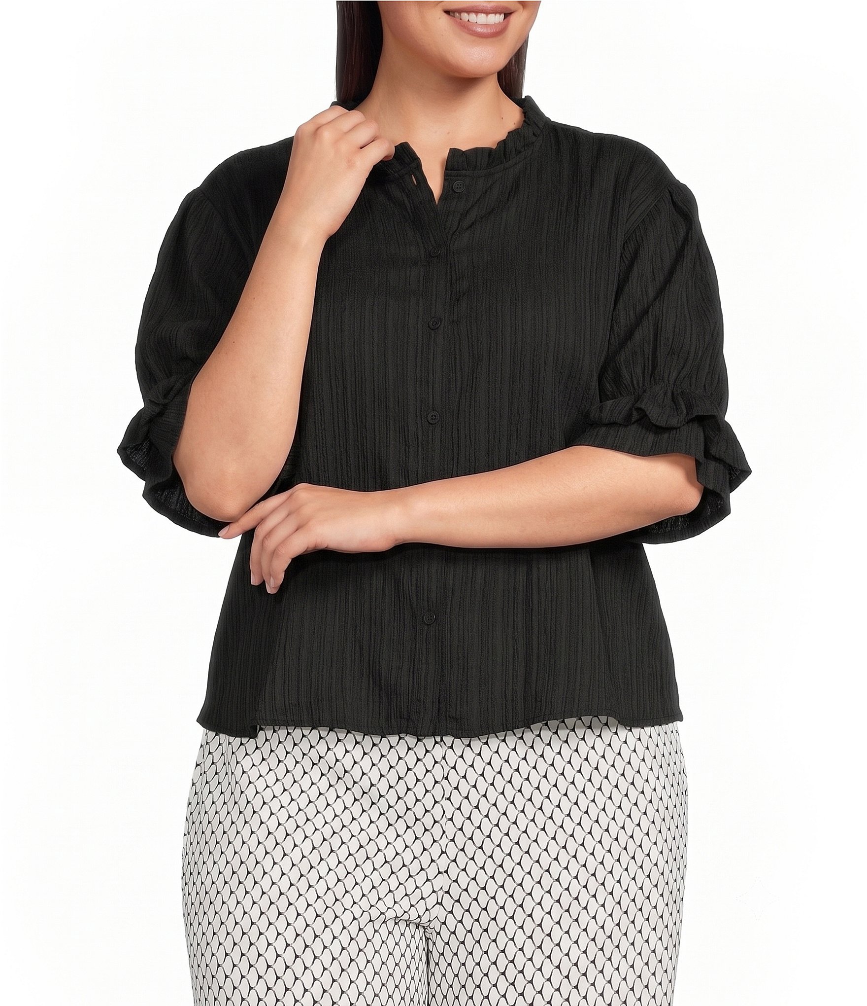 Calessa Plus Size Woven Band Ruffle Collar Elbow Ruffle Sleeve Button Front Shirt