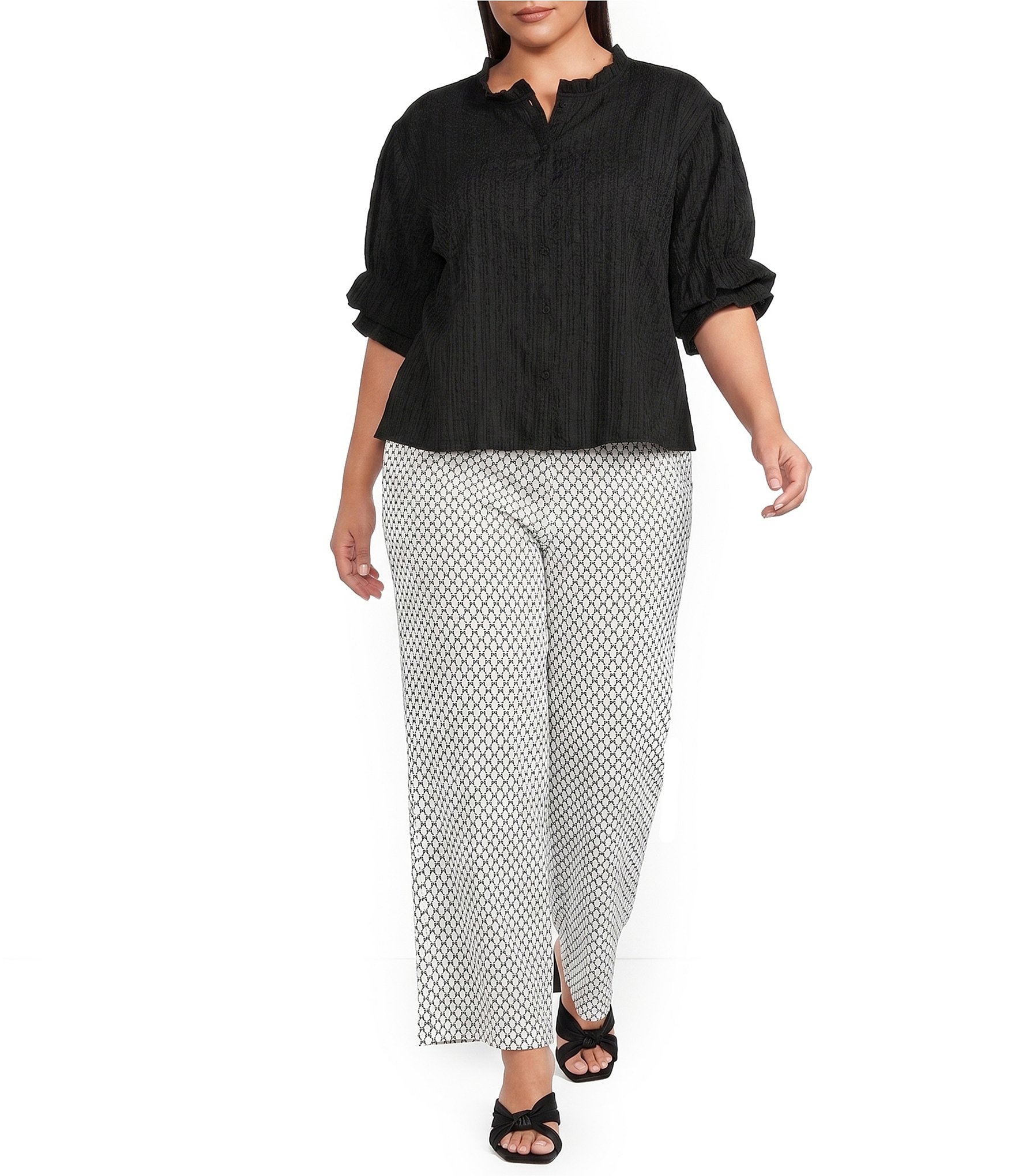 Calessa Plus Size Woven Band Ruffle Collar Elbow Ruffle Sleeve Button Front Shirt
