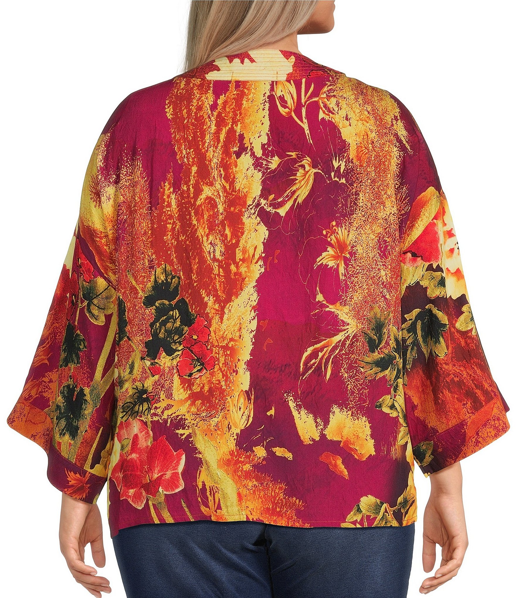 Calessa Plus Size Woven Digital Print Drape Collar Open-Front 3/4 Sleeve Kimono