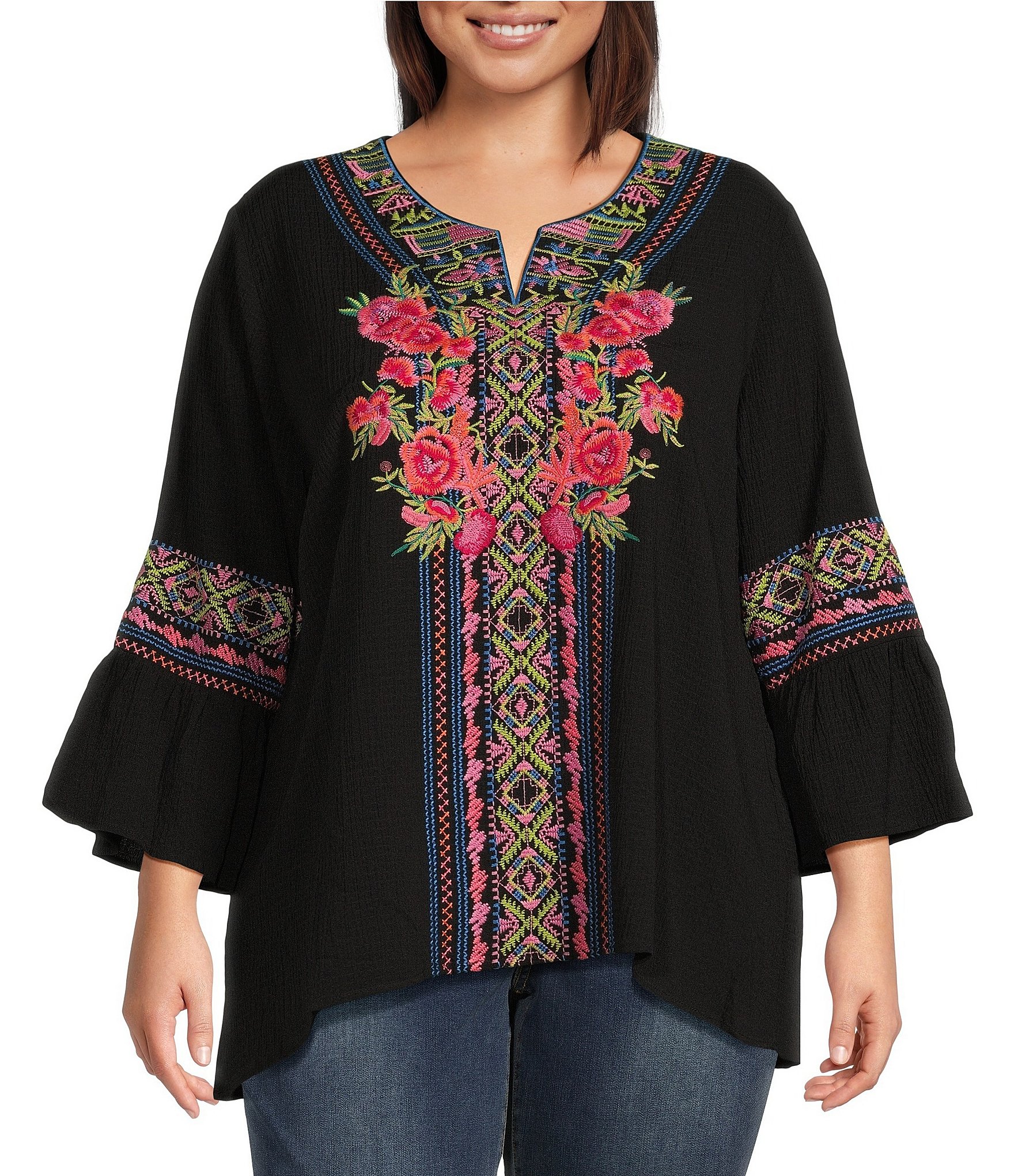 Calessa Plus Size Woven Embroidered Patchwork 3/4 Sleeve Split Tie V ...