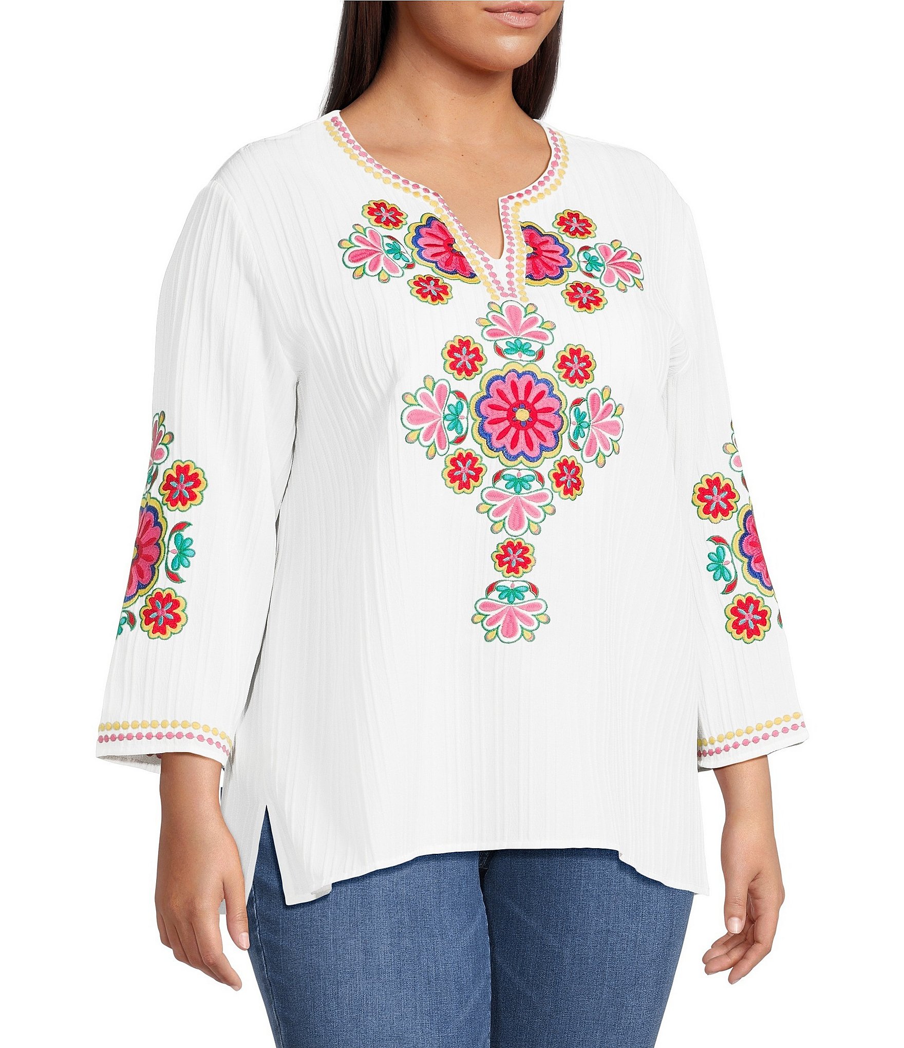 Calessa Plus Size Woven Embroidered Patchwork Print Round Split V-Neck Long Sleeve Tunic