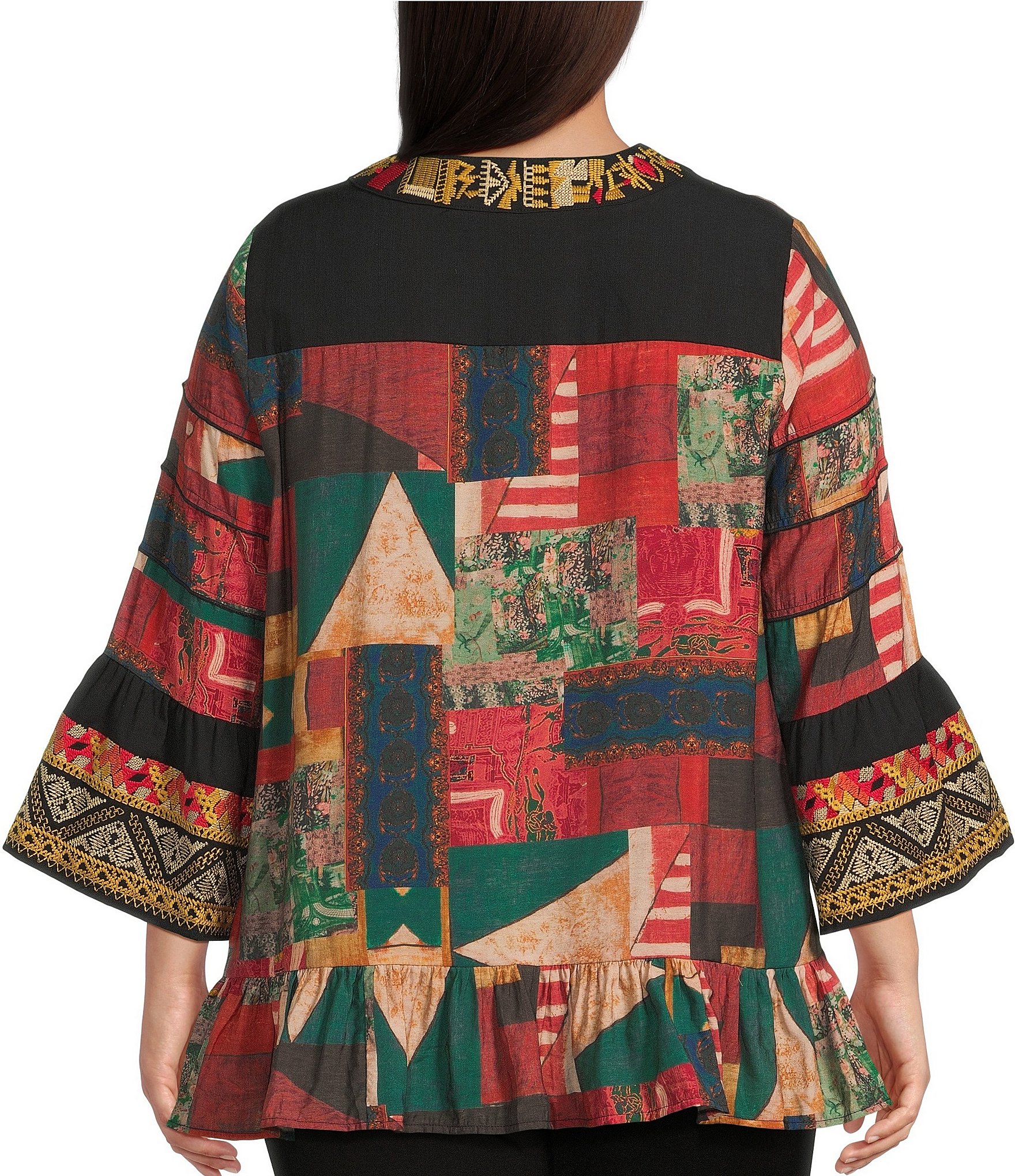 Calessa Plus Size Woven Embroidered Patchwork Split V-Neck 3/4 Sleeve Tunic