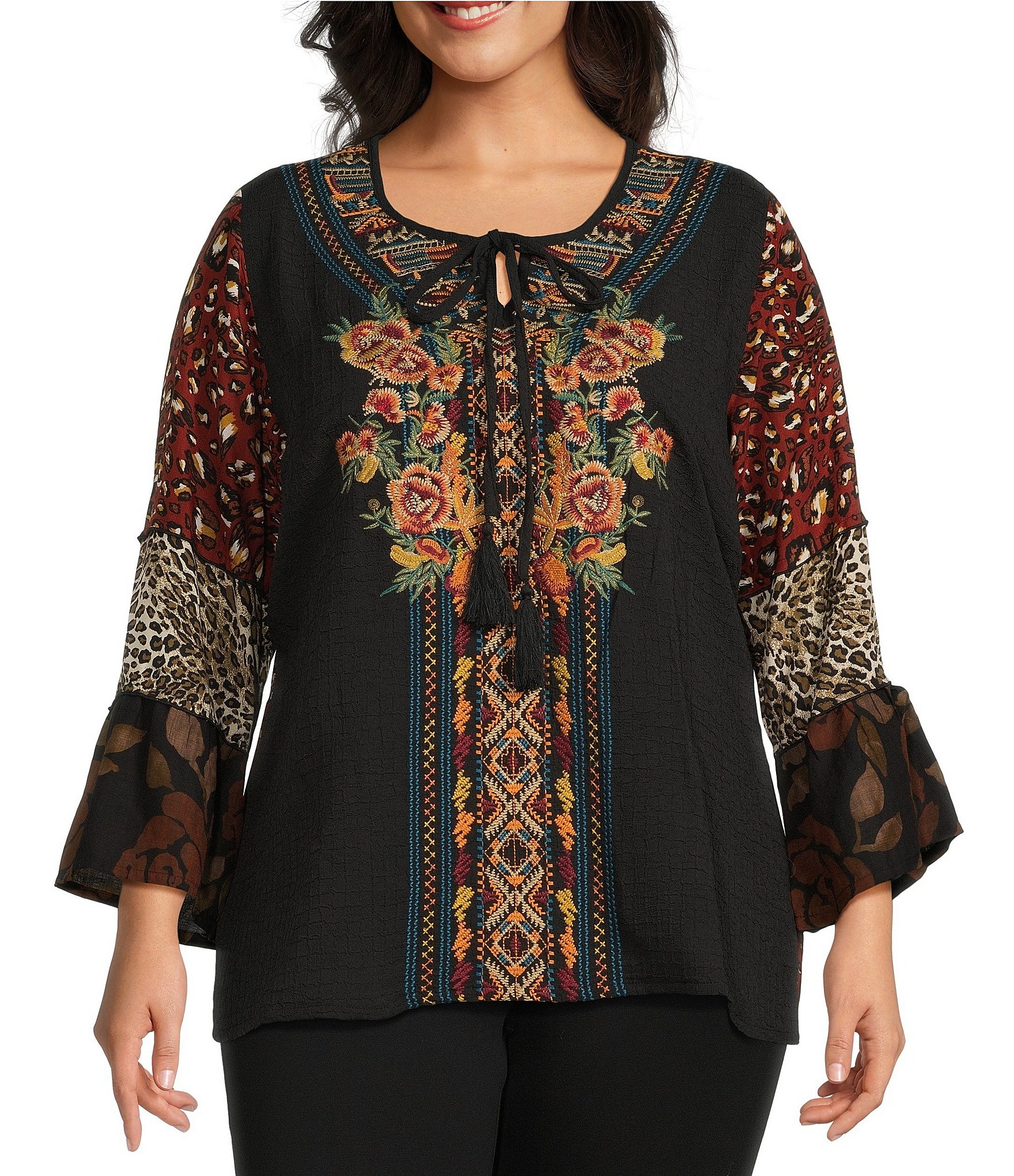 Ruby Rd. Plus Size Tile Print Knit Embroidered Notch Neck 3/4 Sleeve Top