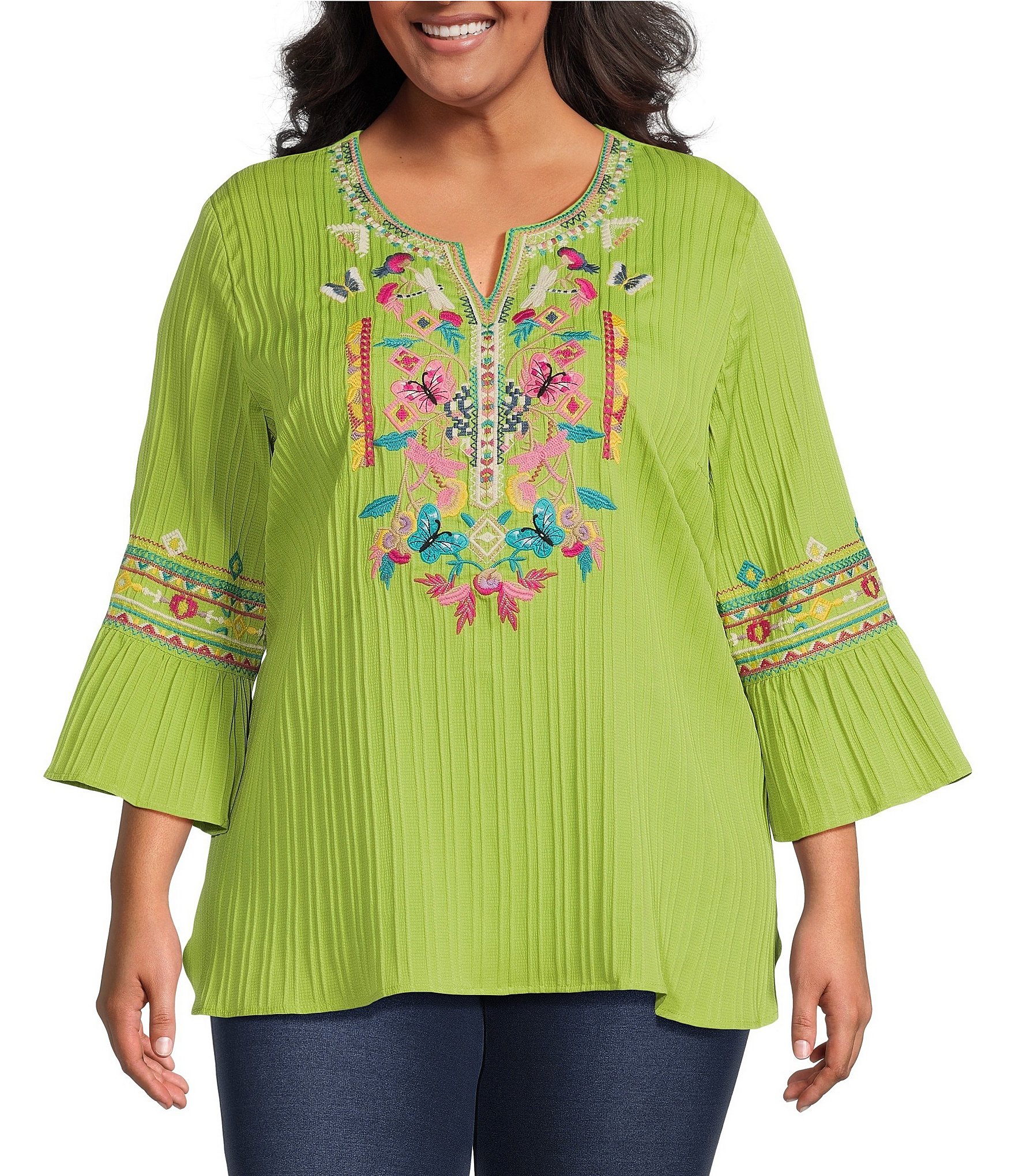 Calessa Plus Size Woven Embroidered Split Round Neck 3 4 Ruffle Sleeve