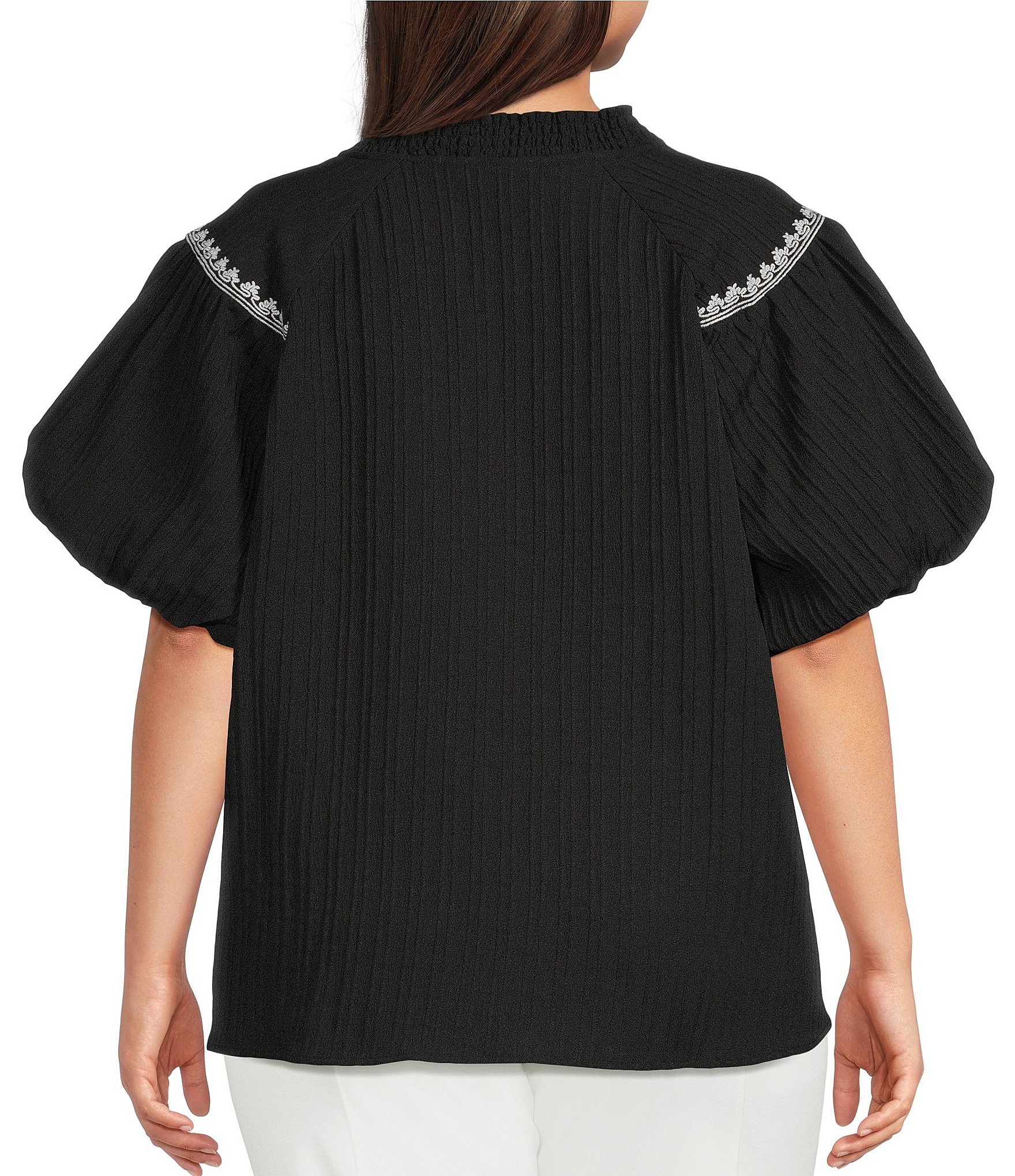 Calessa Plus Size Woven Embroidered Split V-Neck Elbow Sleeve Tunic