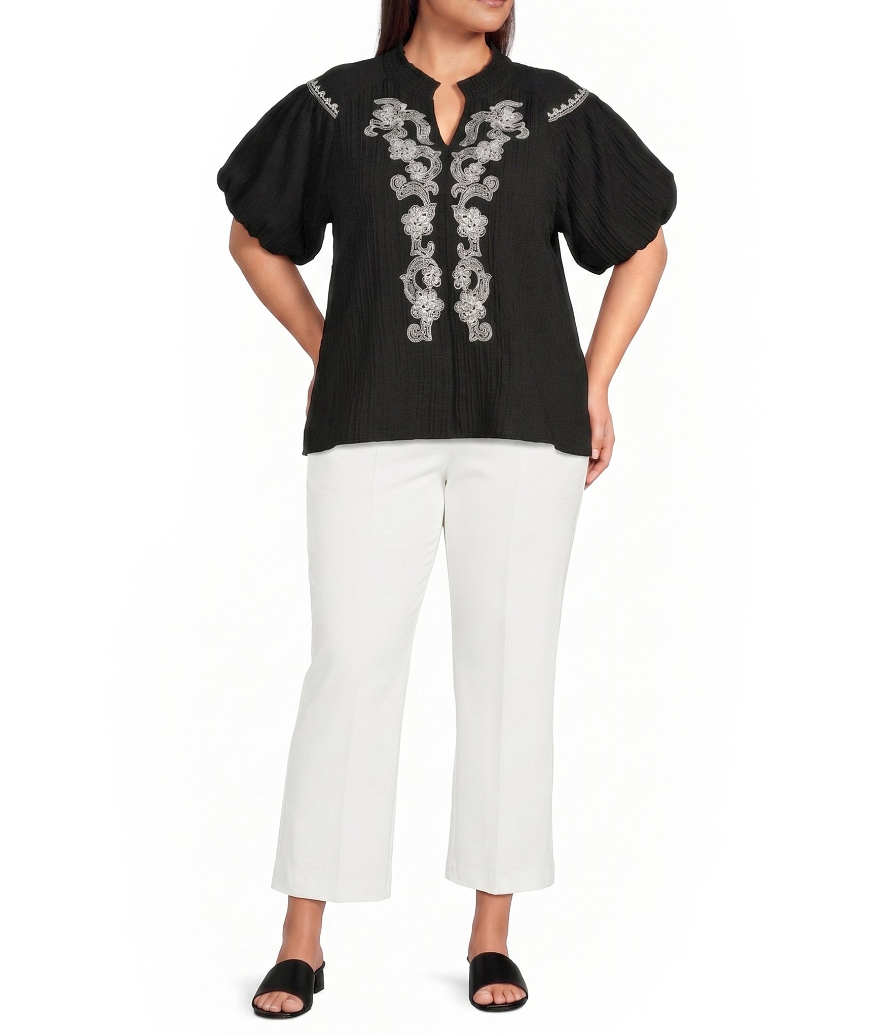 Calessa Plus Size Woven Embroidered Split V-Neck Elbow Sleeve Tunic