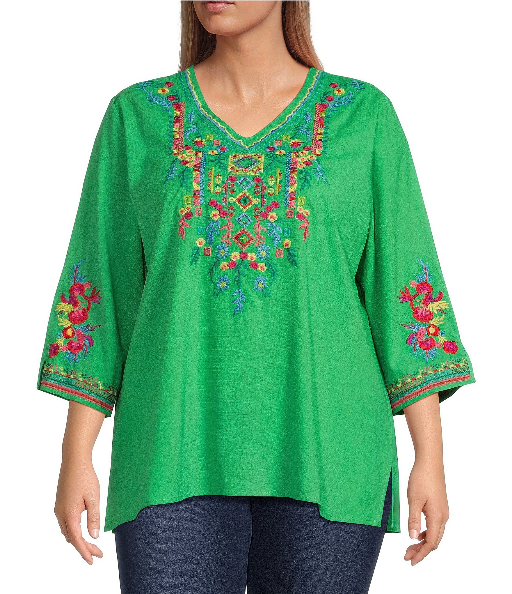 Calessa Plus Size Woven Embroidered V Neck 3 4 Sleeve Straight Hem