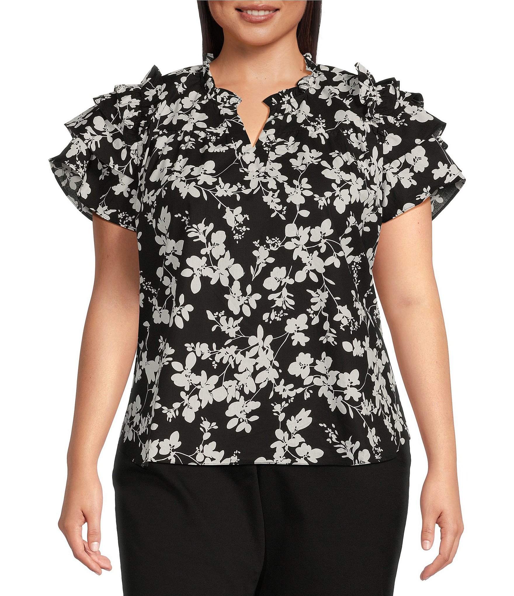 Calessa Plus Size Woven Floral Print Split V Neck Ruffle Cap Sleeve