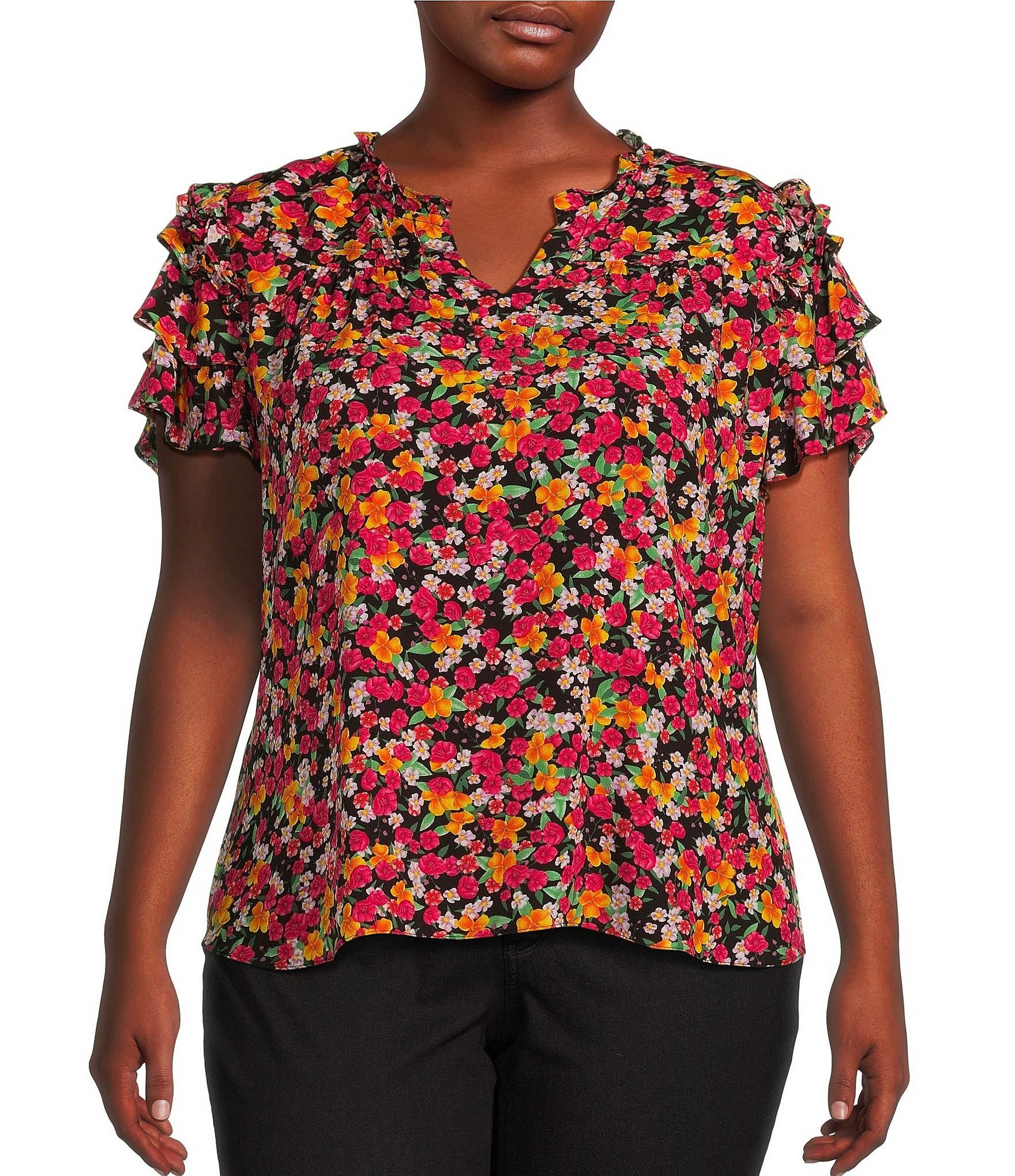 Calessa Plus Size Woven Floral Print Split V Neck Short Sleeve Ruffle