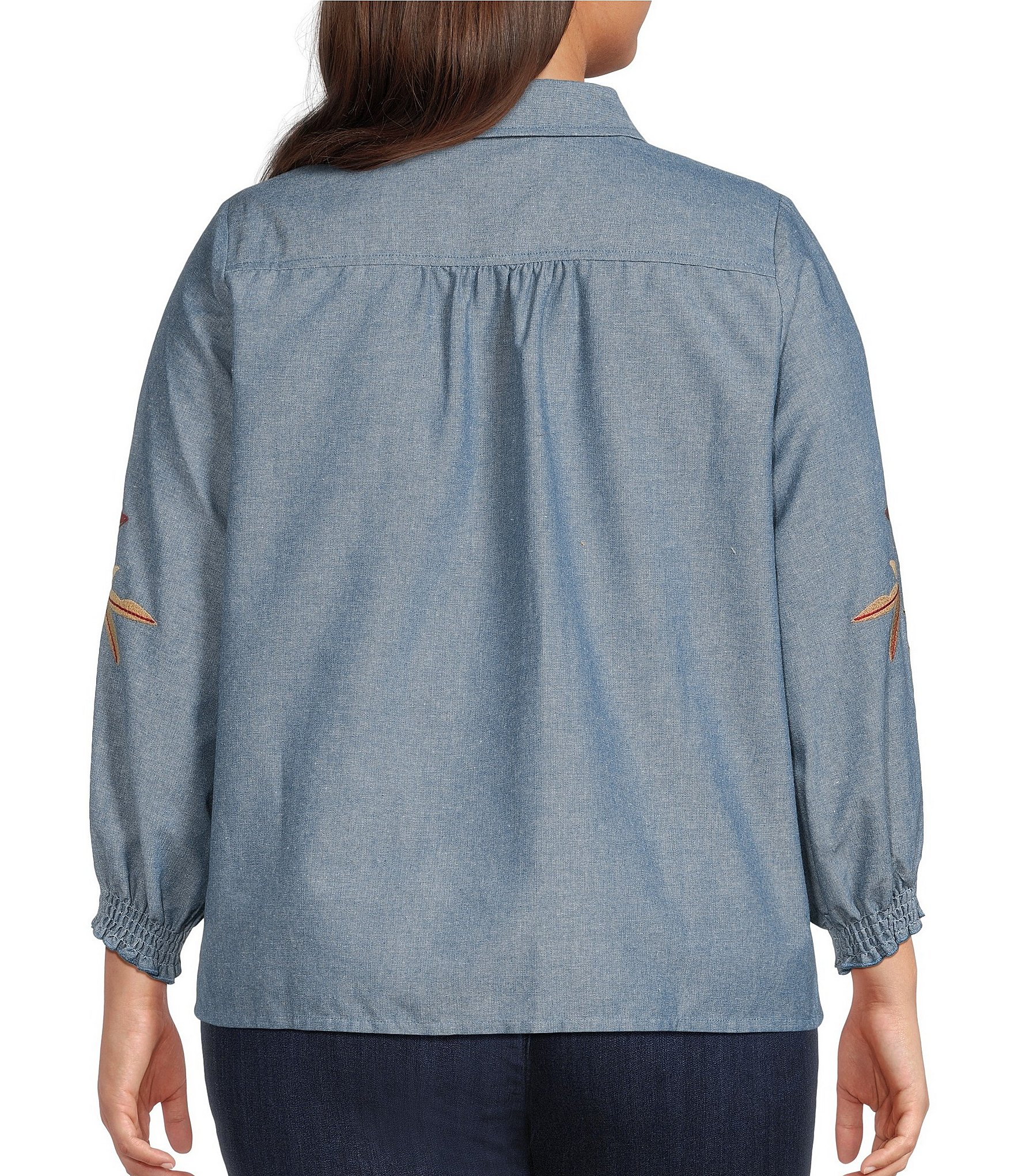 Calessa Plus Size Woven Leaf Embroidery Point Collar 3/4 Sleeve Button Front Shirt