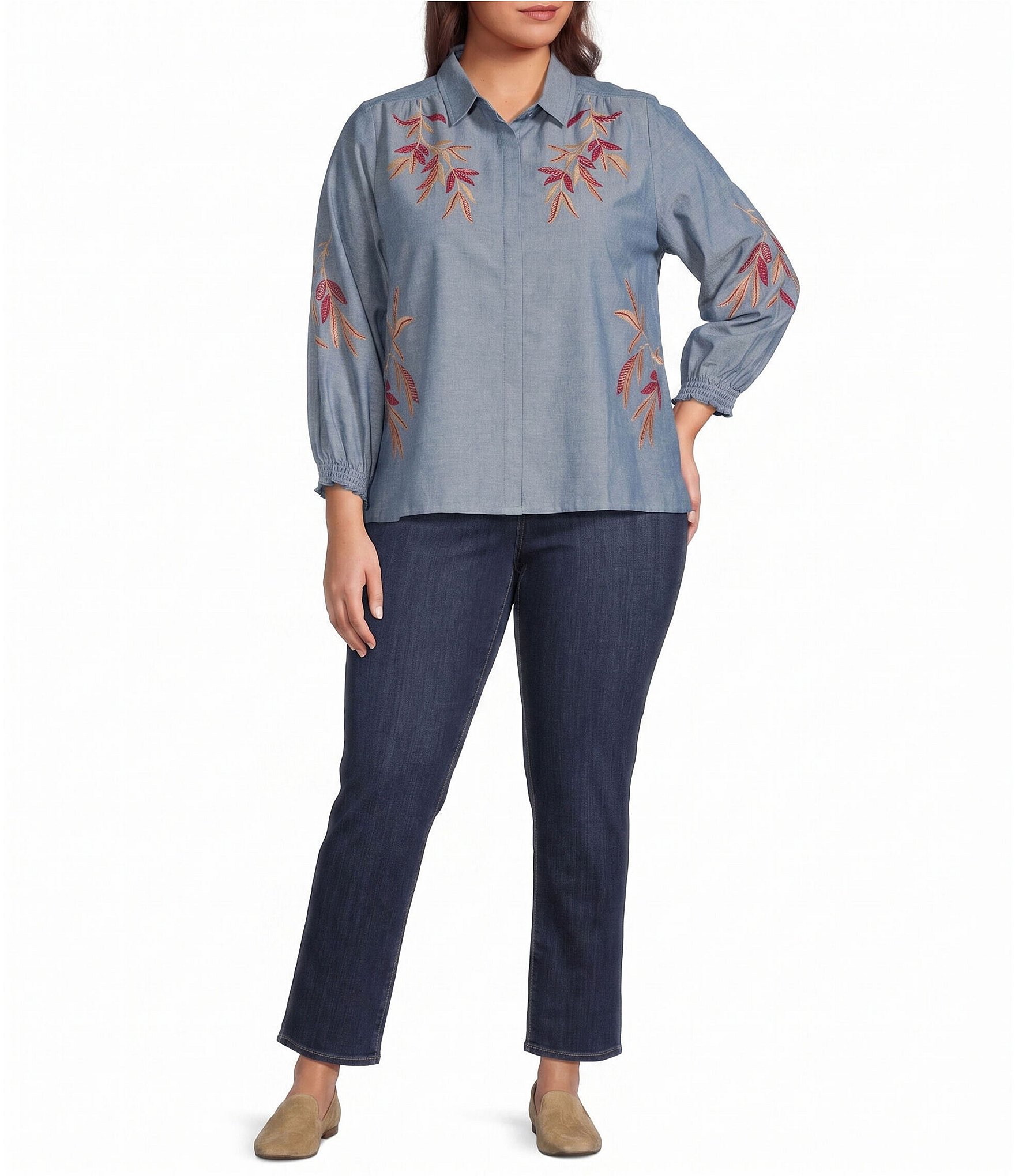 Calessa Plus Size Woven Leaf Embroidery Point Collar 3/4 Sleeve Button Front Shirt