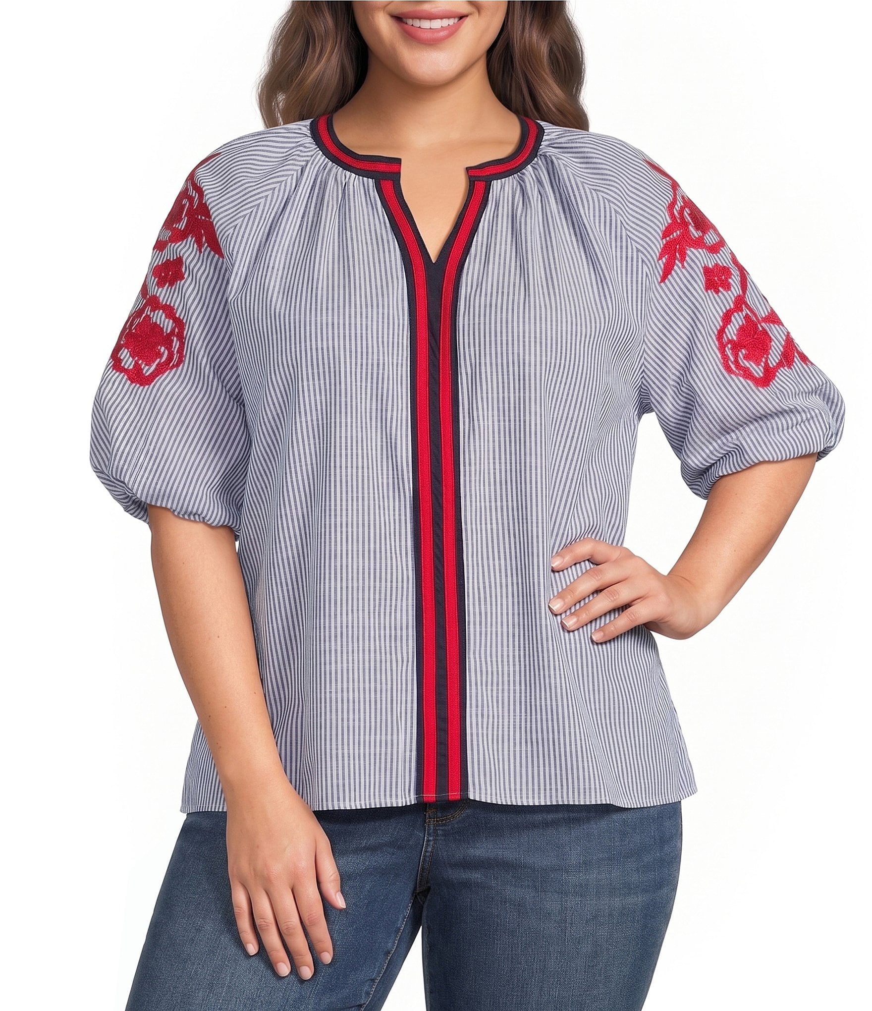 Calessa Plus Size Woven Split Round Neck Striped Embroidered Elbow Sleeve Tunic