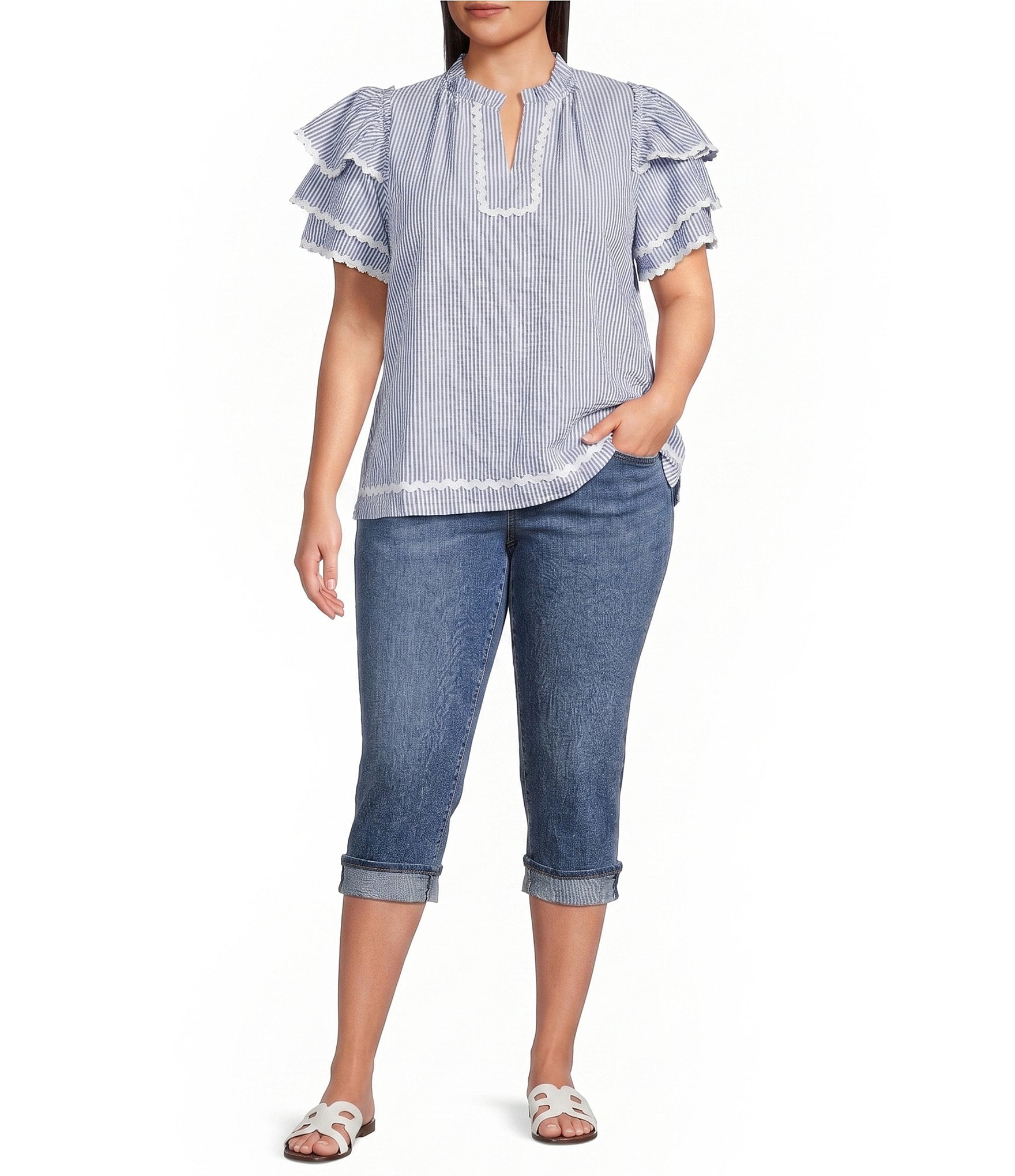 Calessa Plus Size Woven Split Stand Round Neck Short Layered Sleeve Tunic
